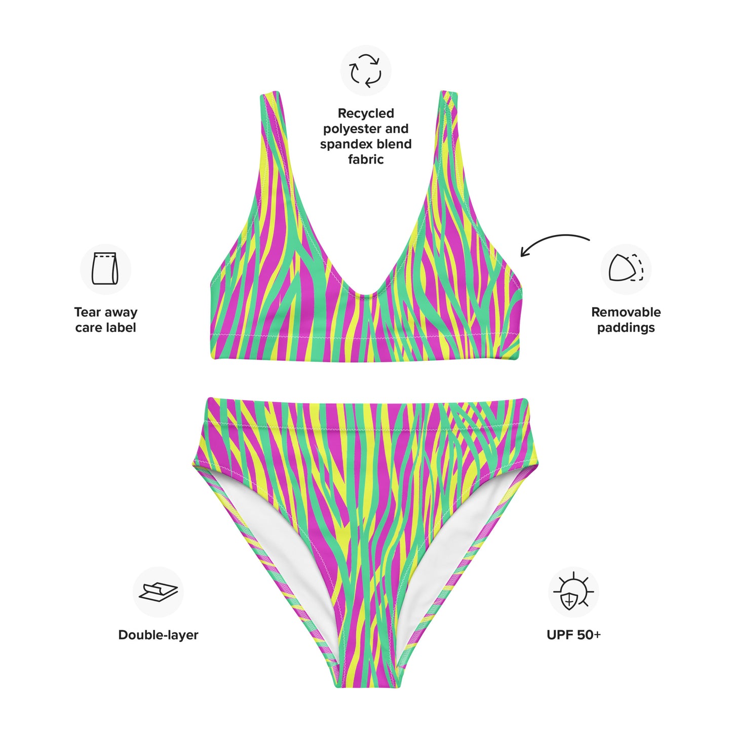 Recycled high-waisted bikini- Funky ZEBRA Green
