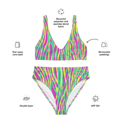 Recycled high-waisted bikini- Funky ZEBRA Green