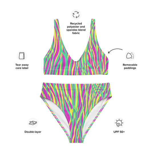 Recycled high-waisted bikini- Funky ZEBRA Green