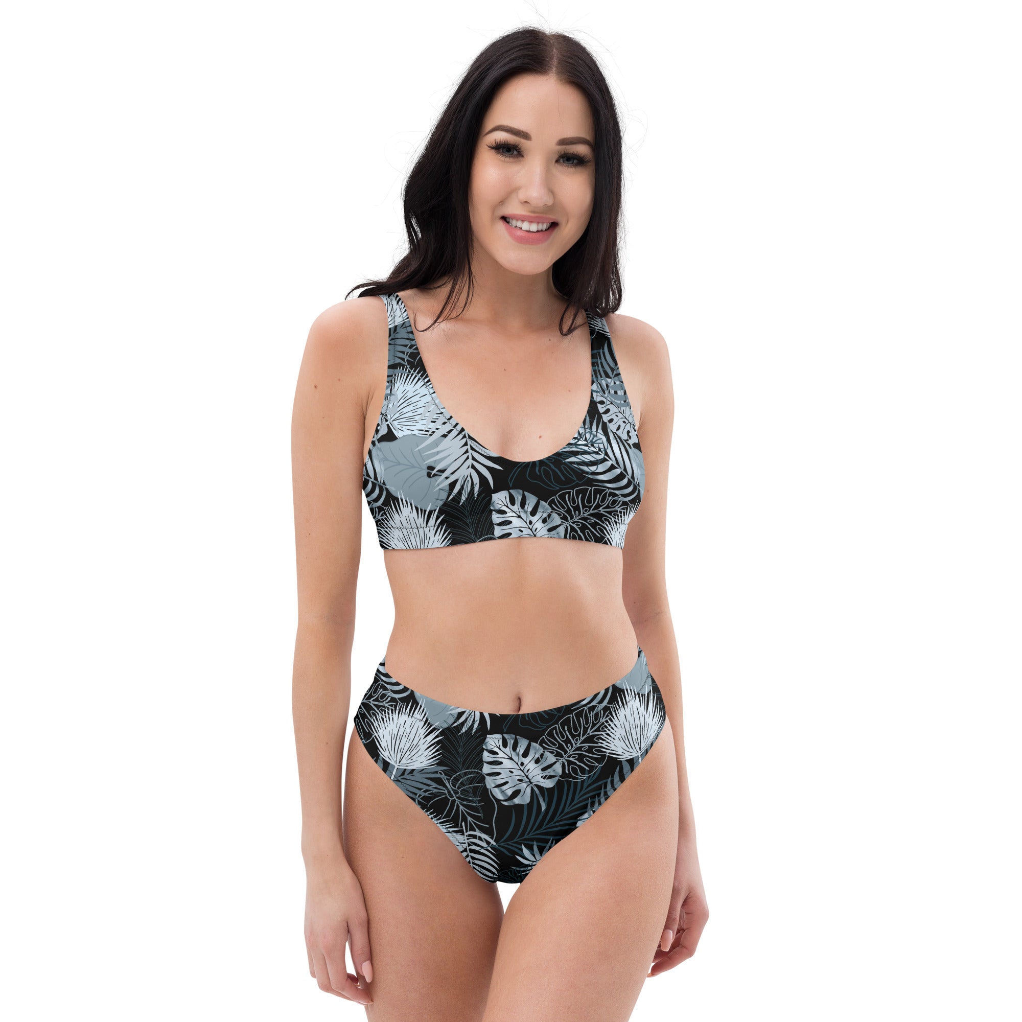 Recycled high-waisted bikini- TROPICAL BLACK