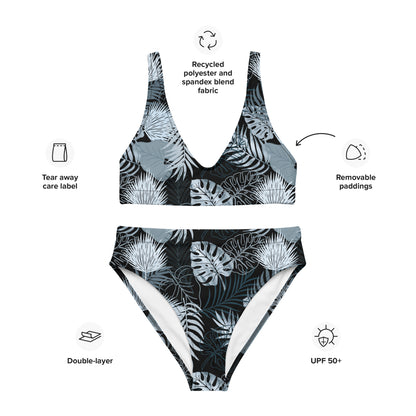 Recycled high-waisted bikini- TROPICAL BLACK