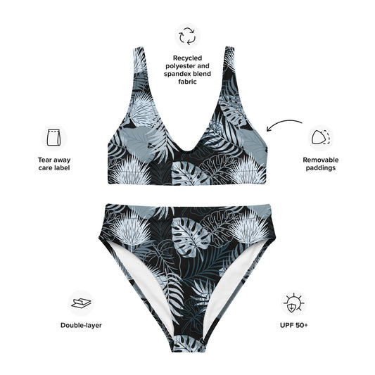 Recycled high-waisted bikini- TROPICAL BLACK