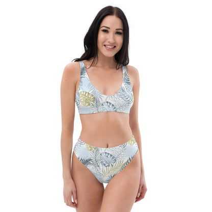 high-waisted bikini-  TROPICAL LEAFS White
