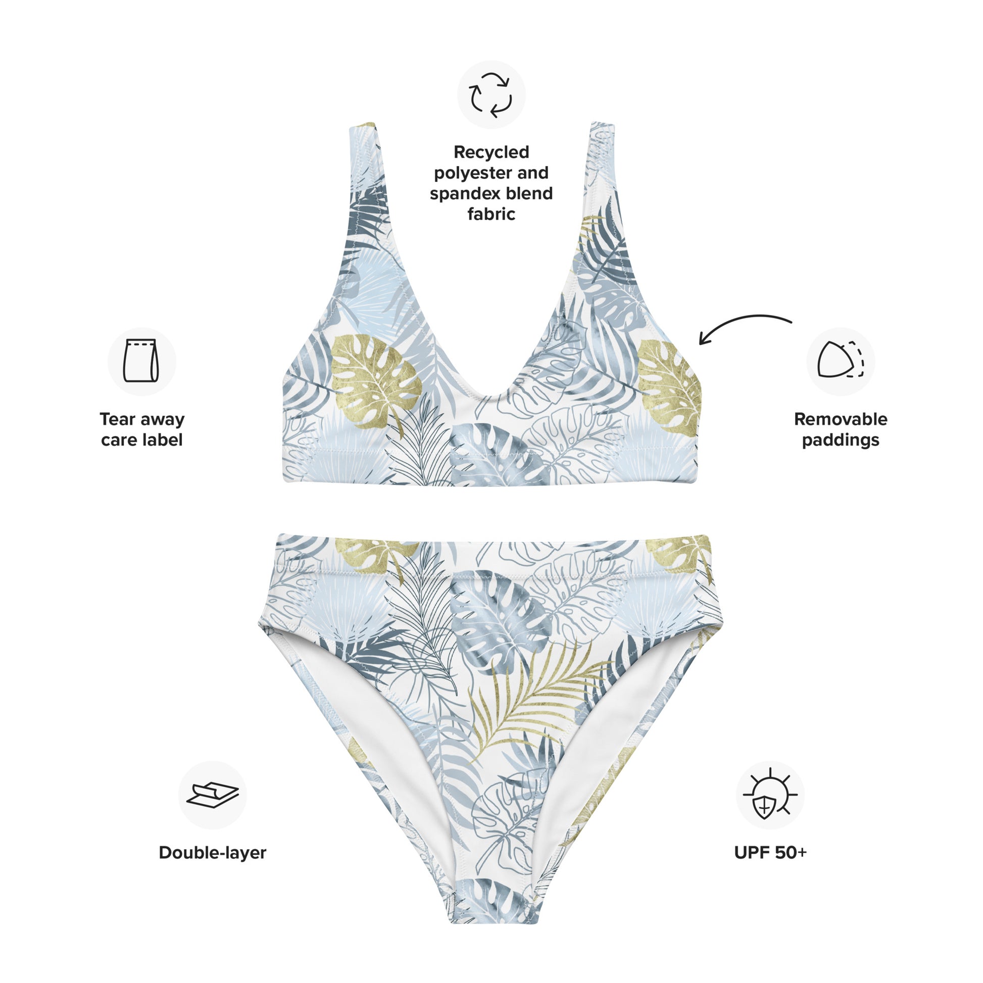high-waisted bikini-  TROPICAL LEAFS White