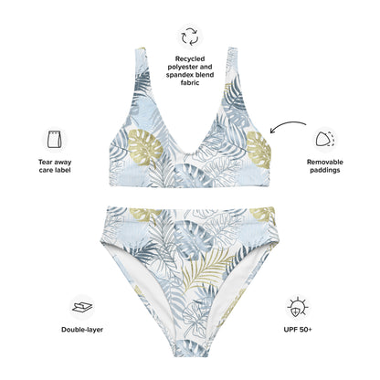 high-waisted bikini-  TROPICAL LEAFS White
