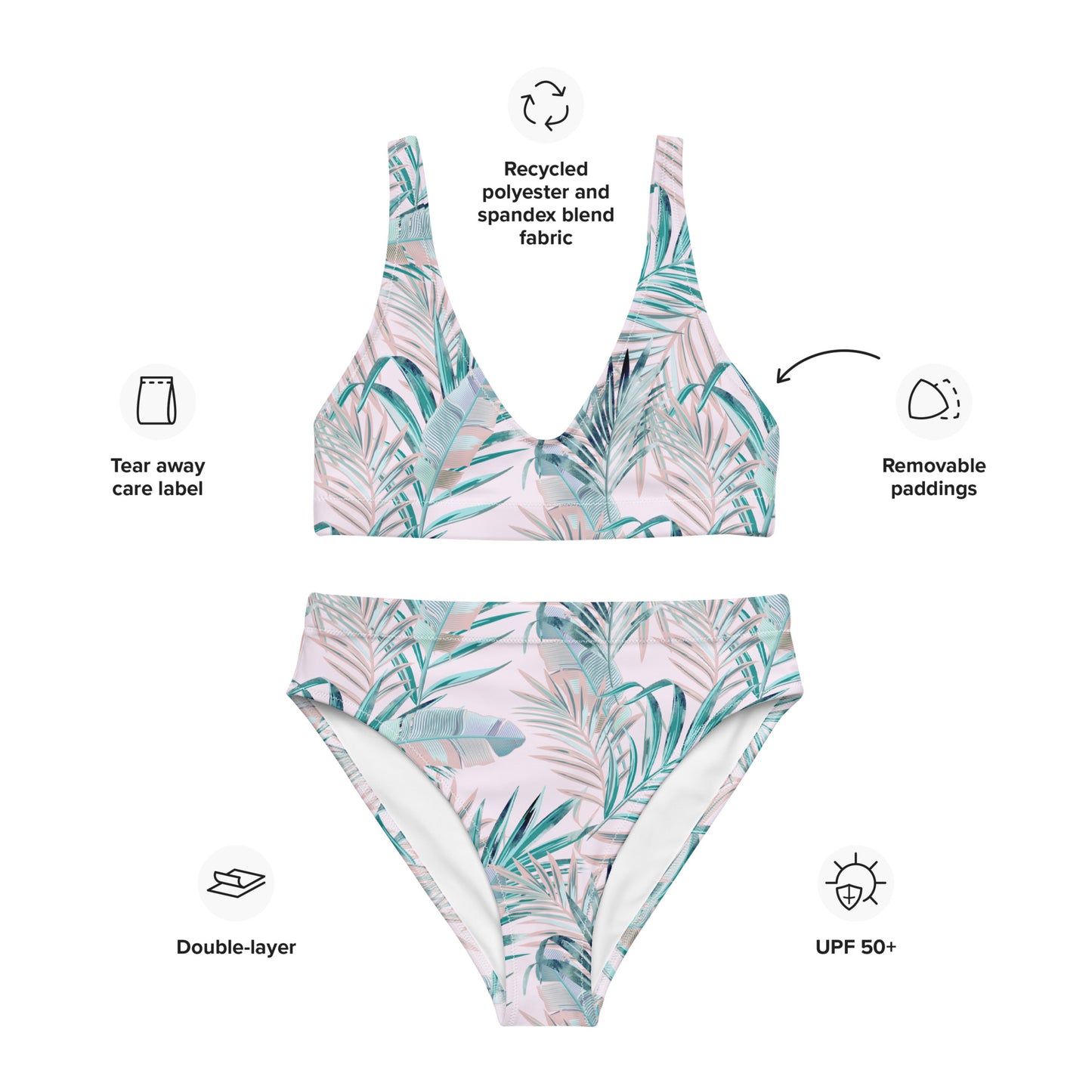 Recycled high-waisted bikini- TROPICAL PALM Leafs