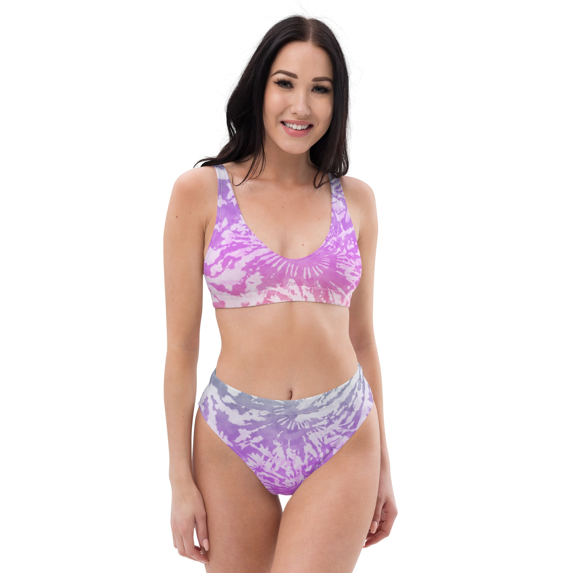 Recycled high-waisted bikini- TIE DYE PURPLE SPIRALS