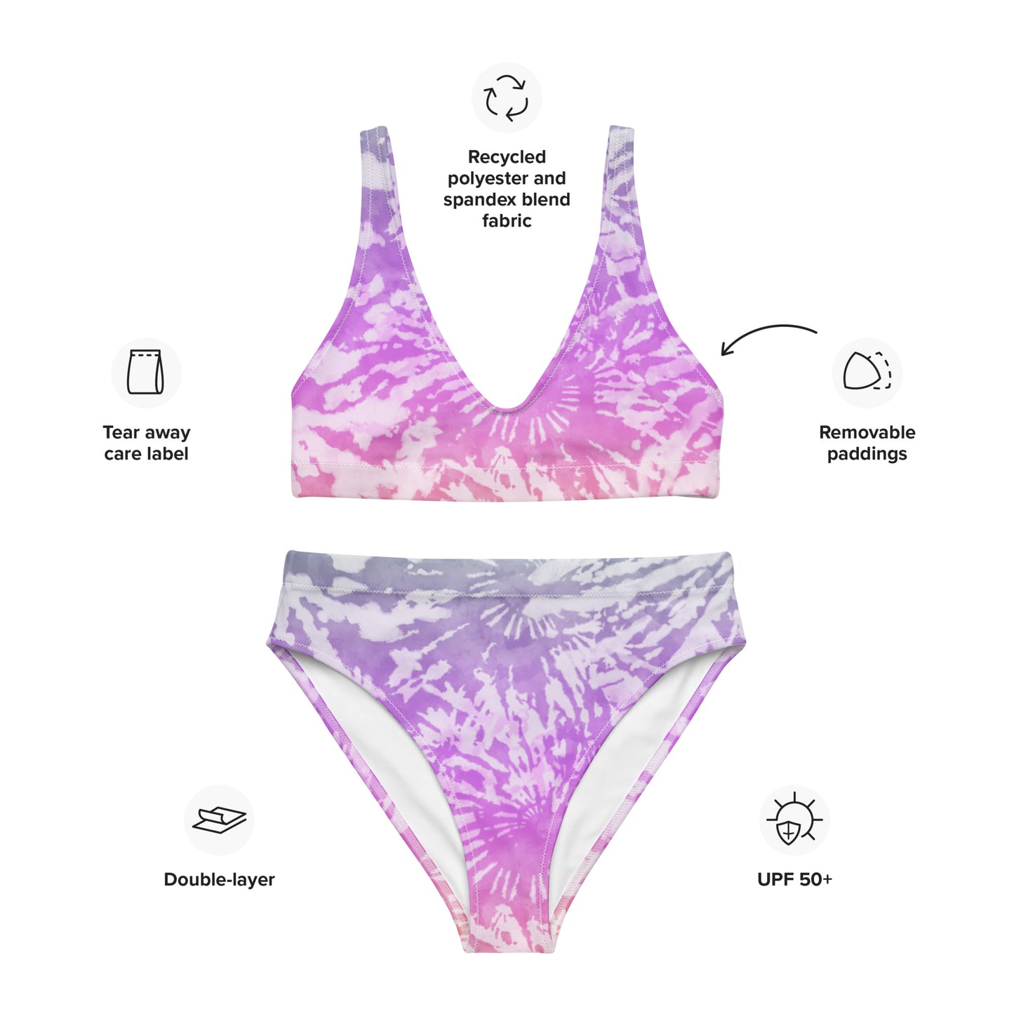 Recycled high-waisted bikini- TIE DYE PURPLE SPIRALS