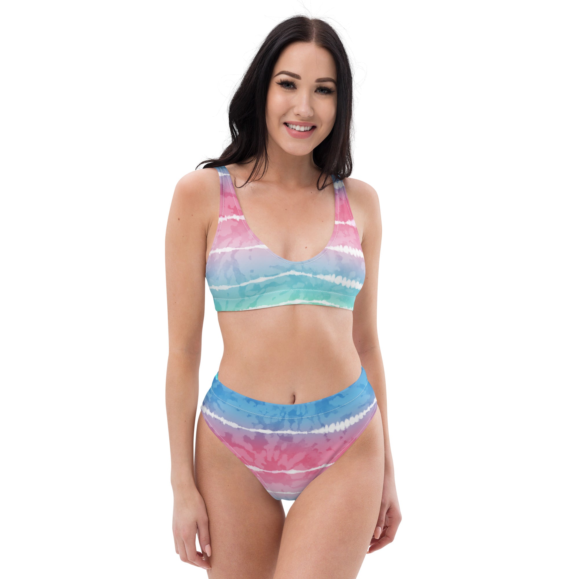 Recycled high-waisted bikini- TIE DYE STRIPES