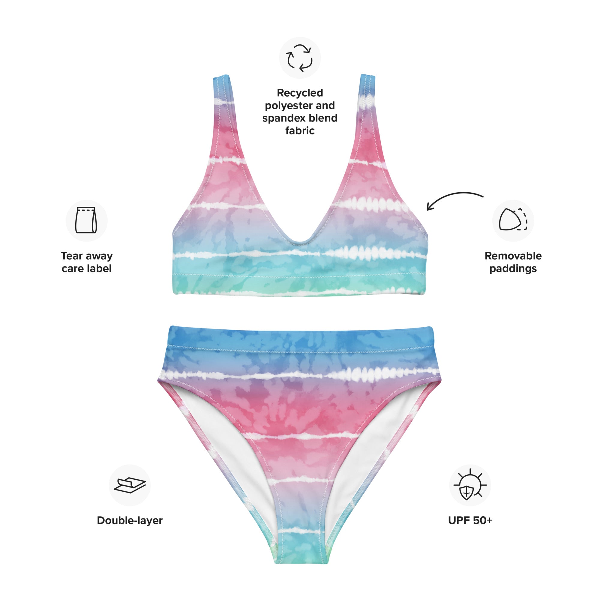 Recycled high-waisted bikini- TIE DYE STRIPES