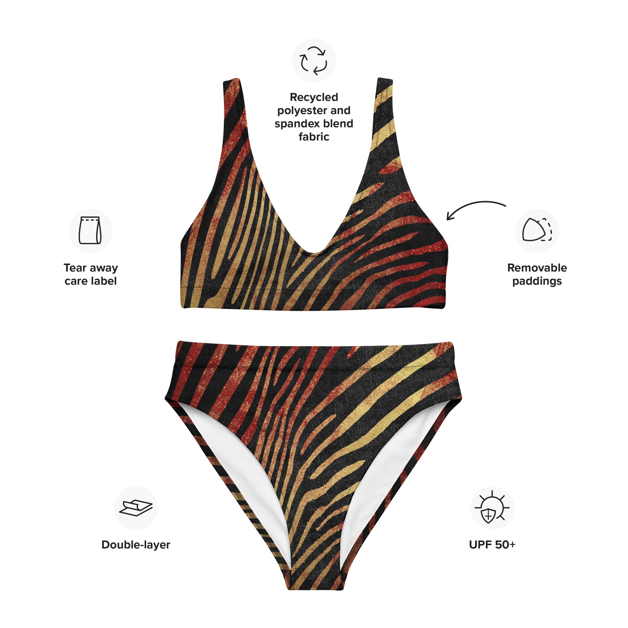 Recycled high-waisted bikini- Safari Zebra Red and gold