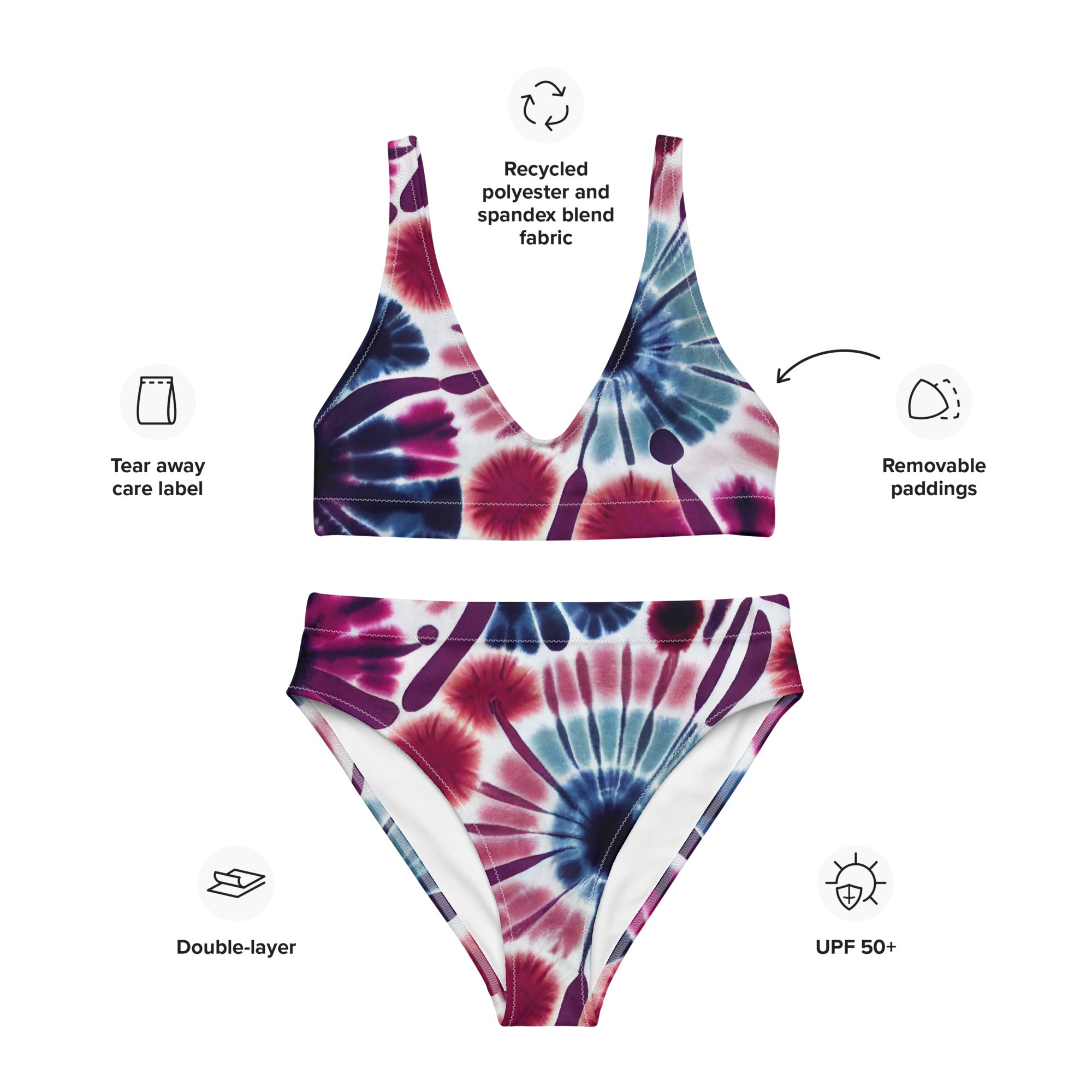 Recycled high-waisted bikini- Floral Tie dye Pattern 01