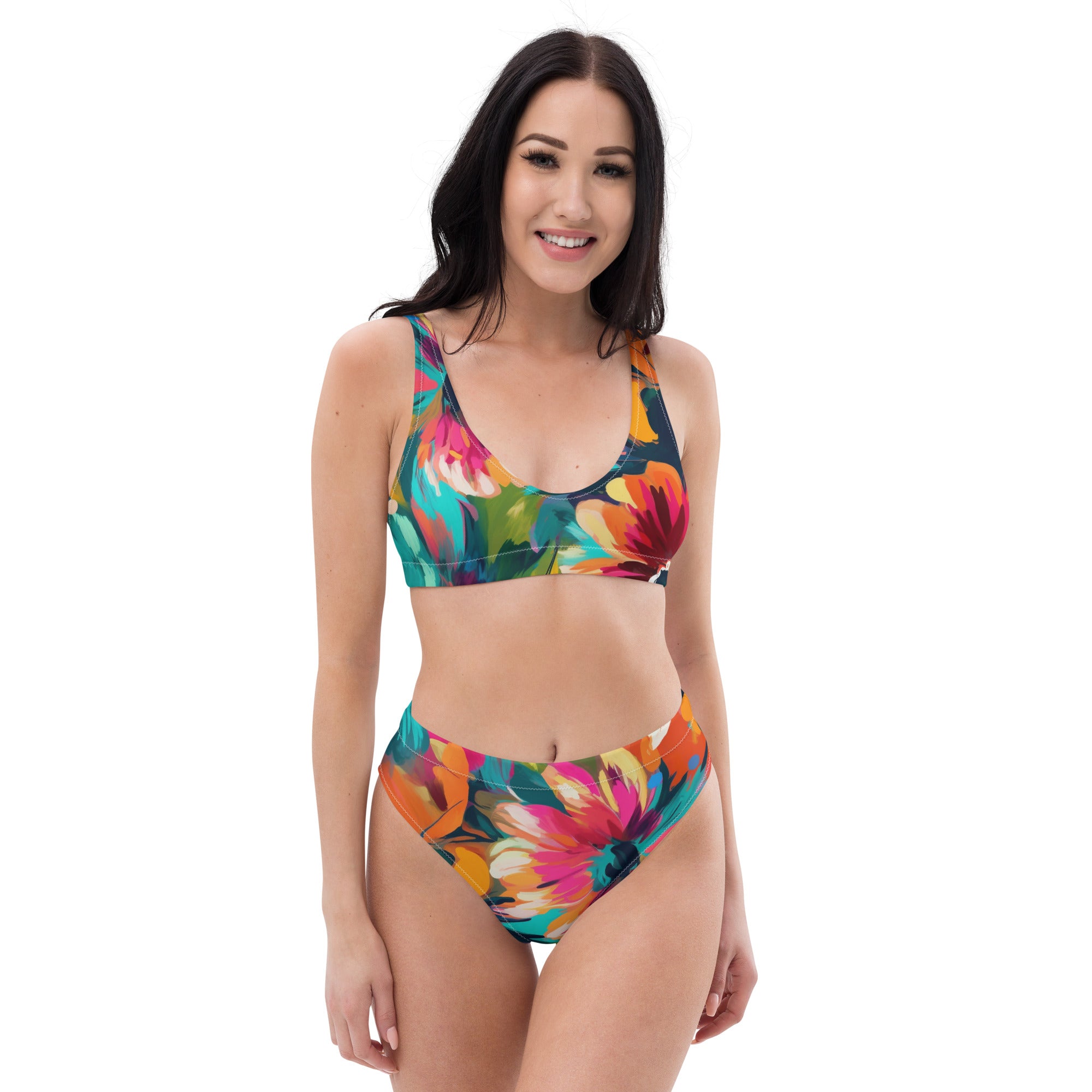 Recycled high-waisted bikini- Summer Pastel flower Pattern 01