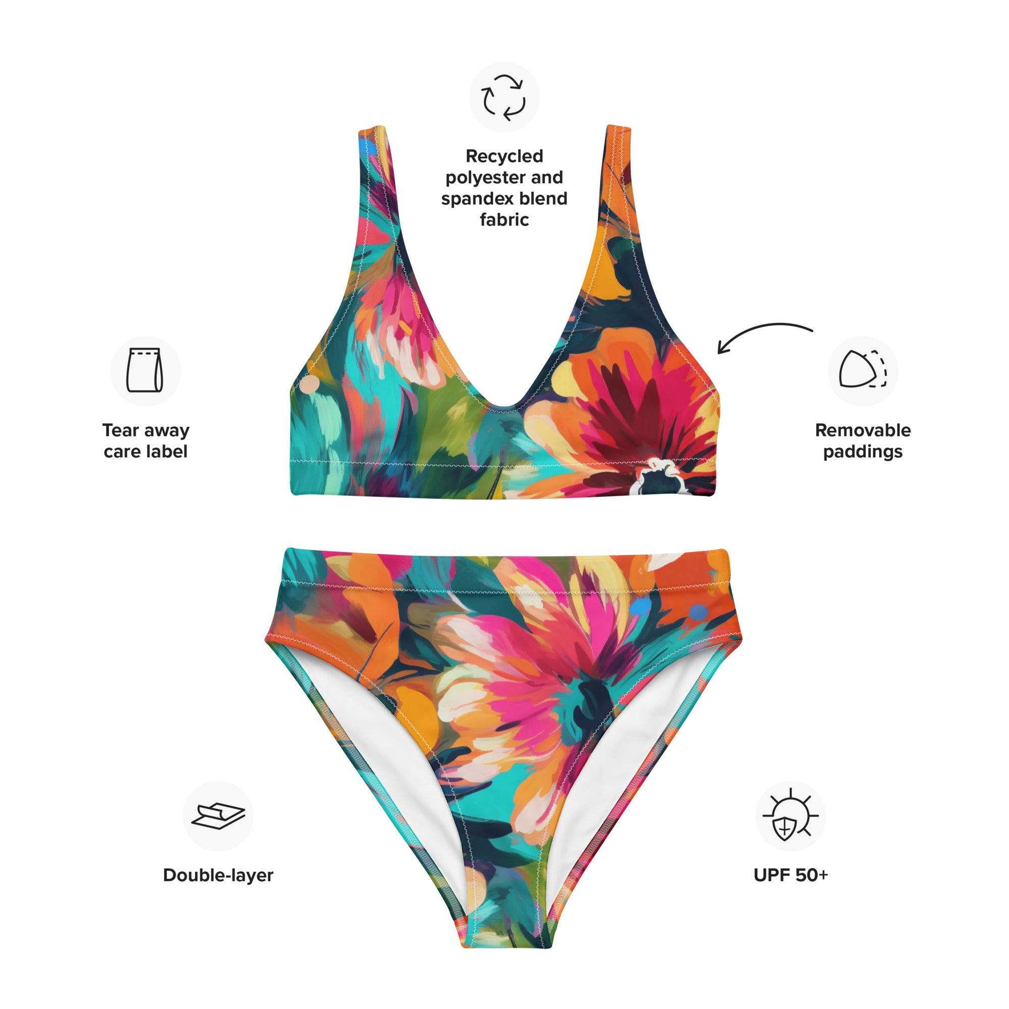 Recycled high-waisted bikini- Summer Pastel flower Pattern 01