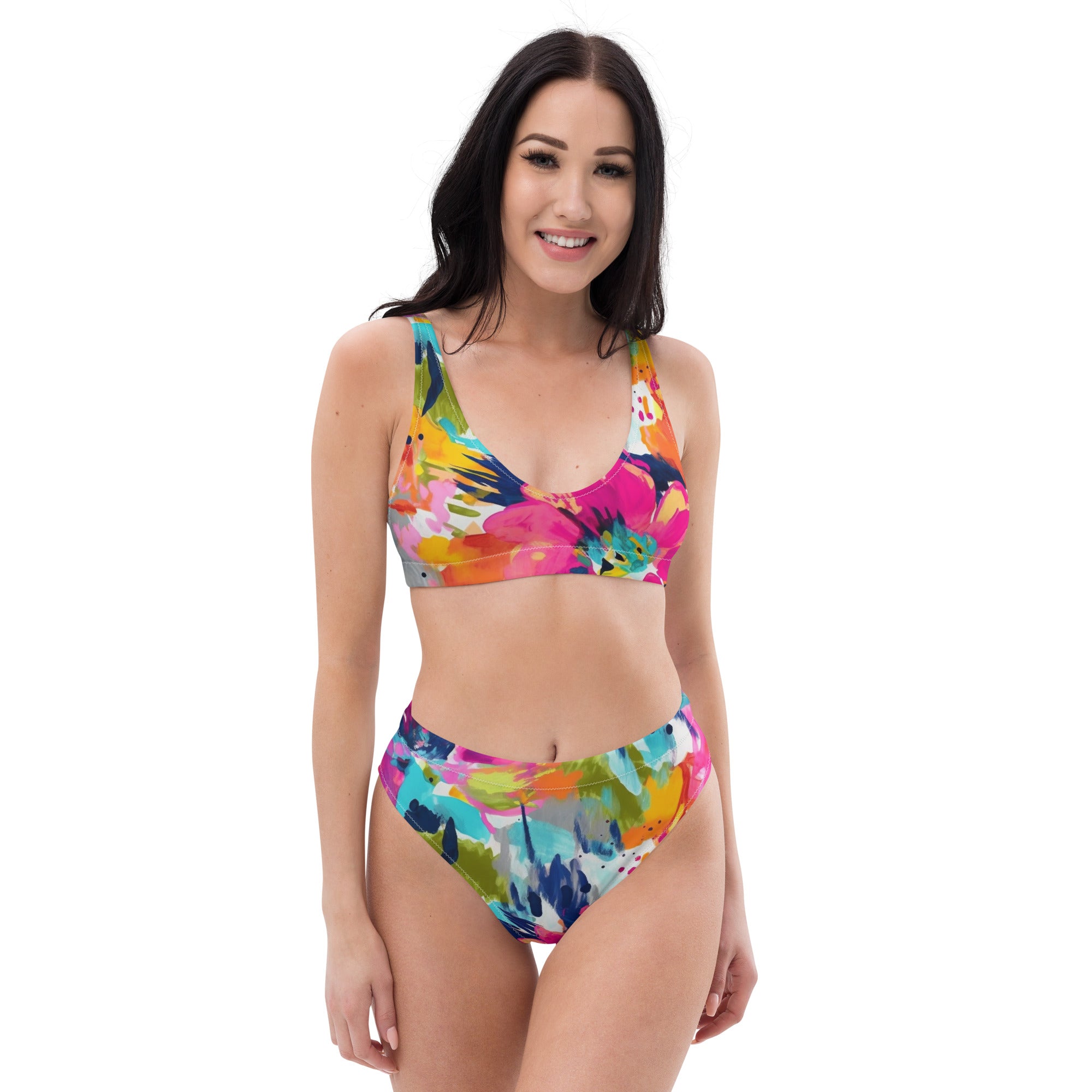Recycled high-waisted bikini- Summer Pastel Flower Pattern 02