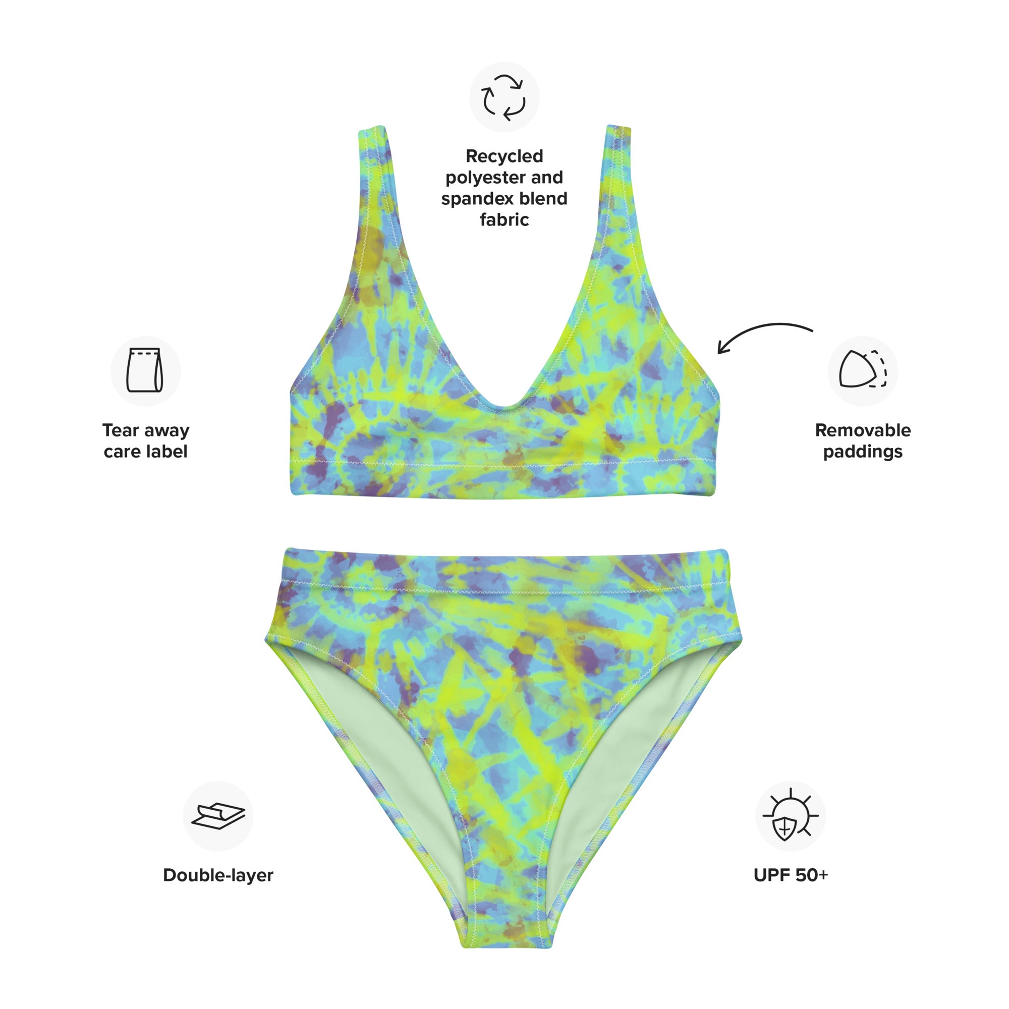 Recycled high-waisted bikini- Hang Loose Tie Dye Pattern 01
