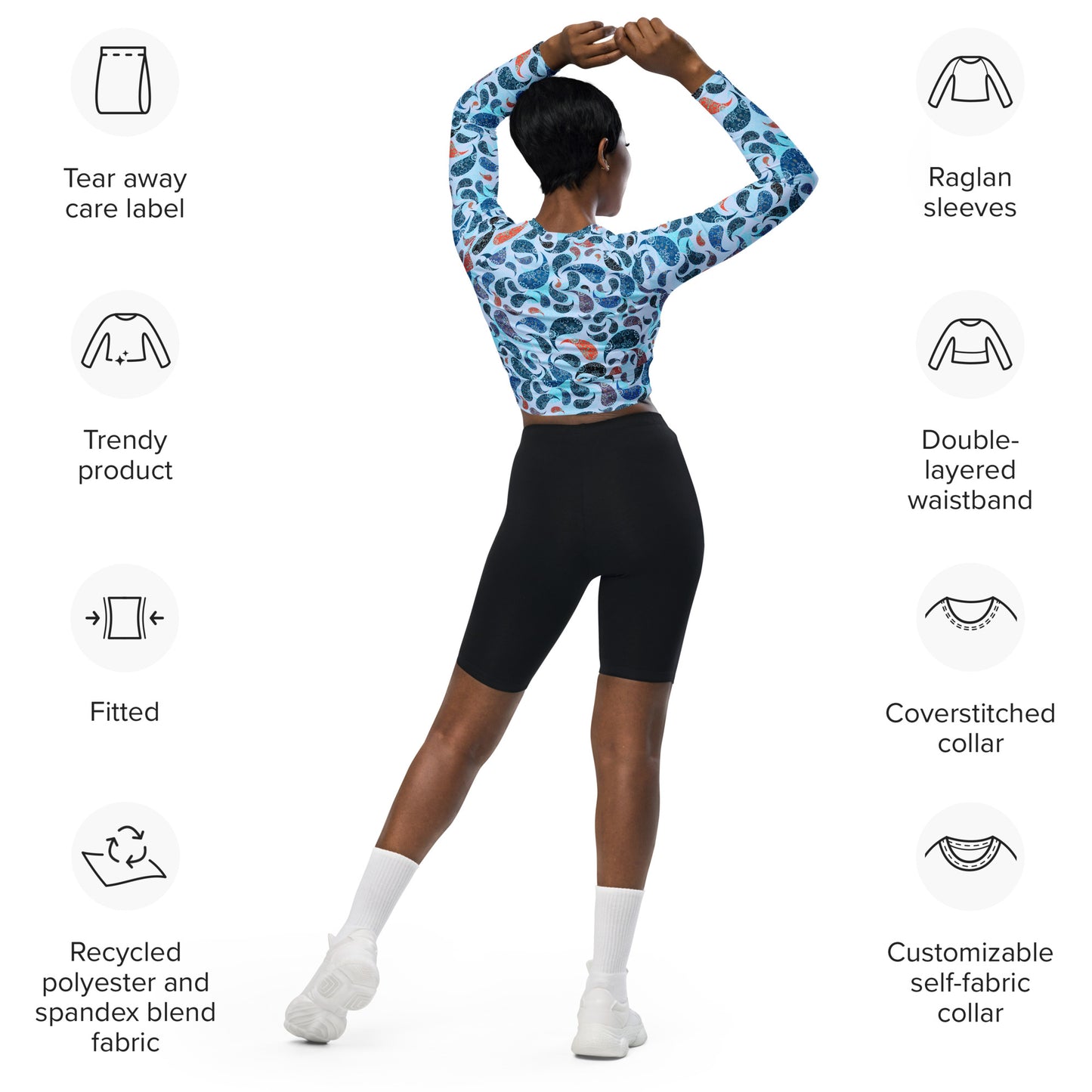 long-sleeve crop top- Paisley blue