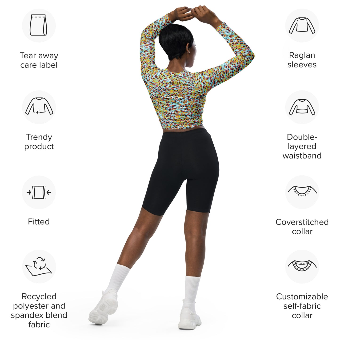 long-sleeve crop top- Zebra and Leopard print cyan with yellow