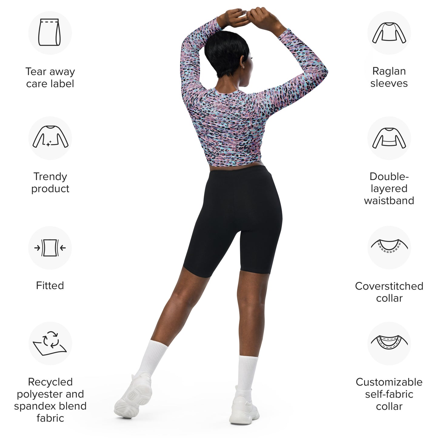 long-sleeve crop top- Zebra and Leopard print Pink with cyan