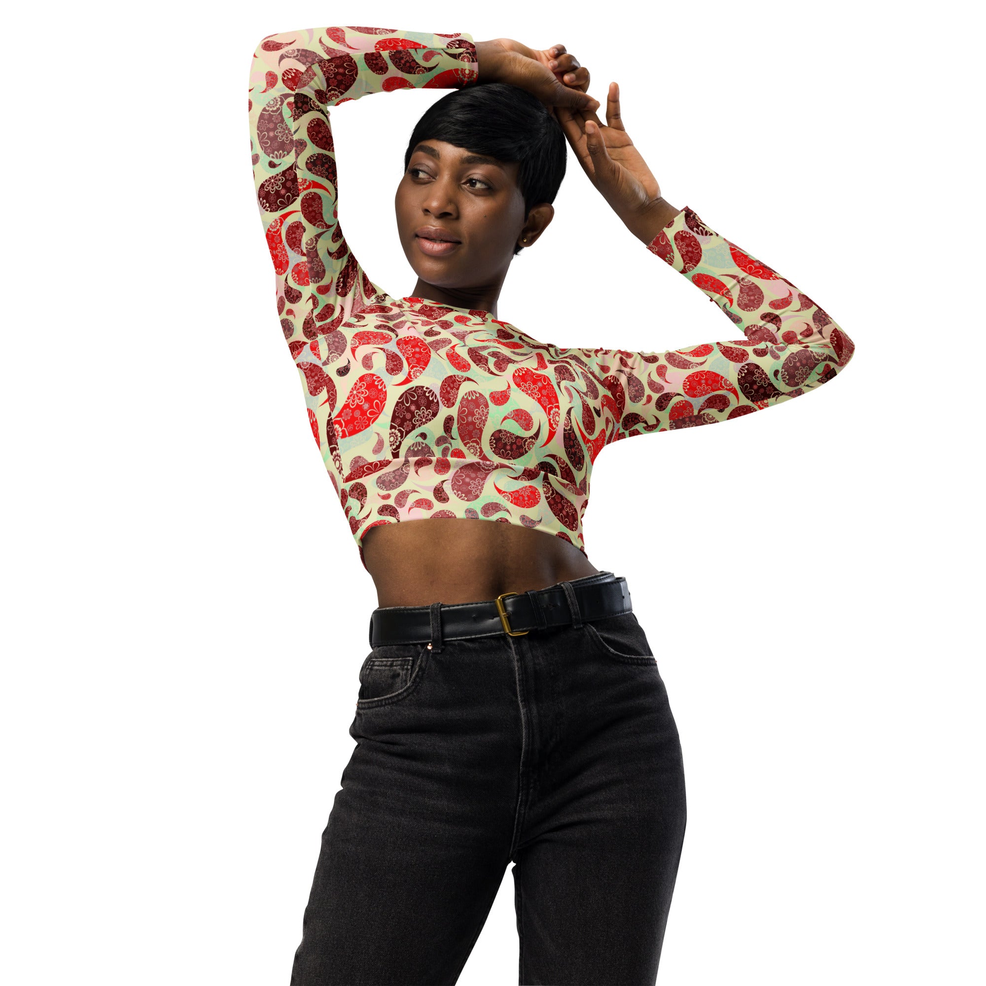 Long-sleeve crop top- PAISLEY RED