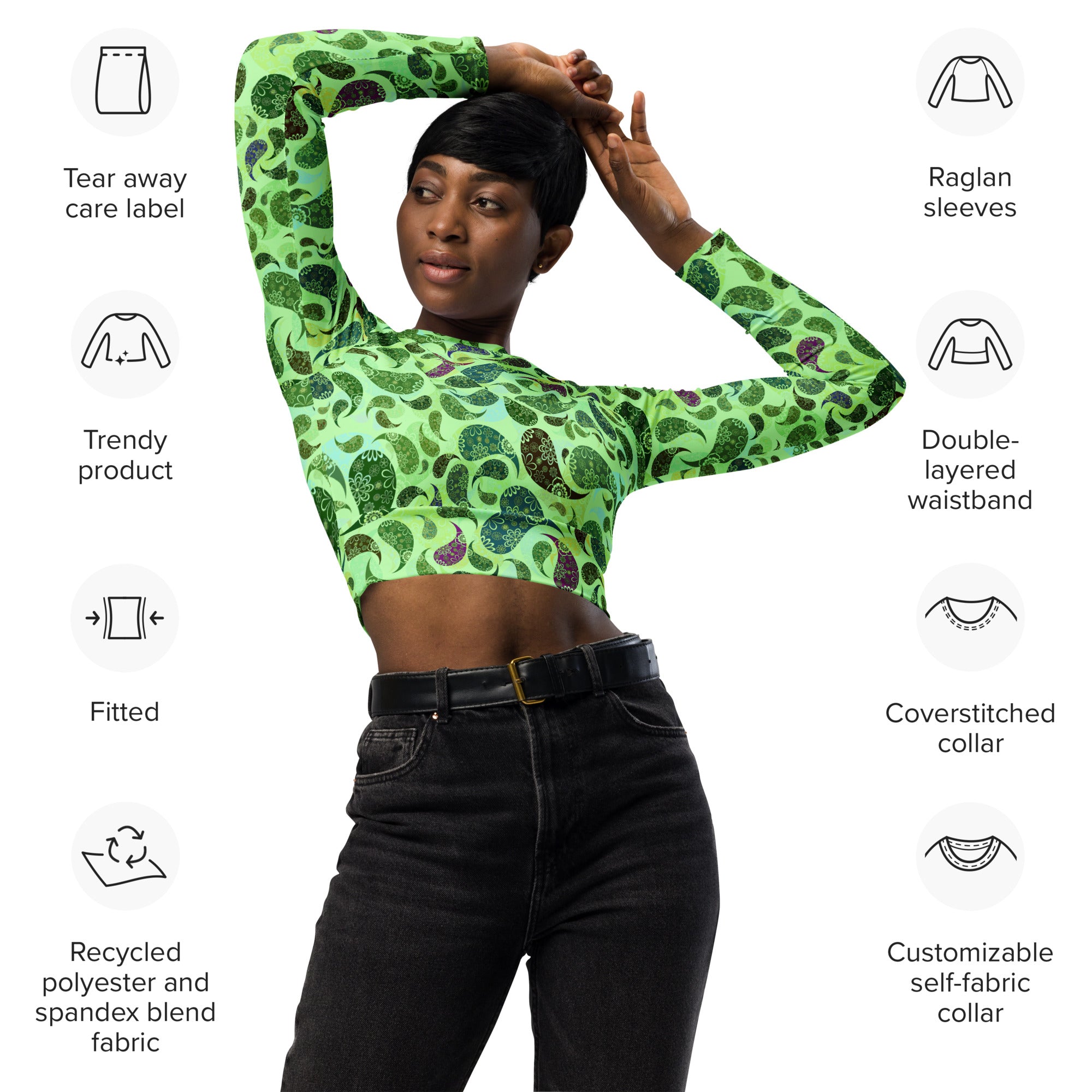 long-sleeve crop top- Paisley green