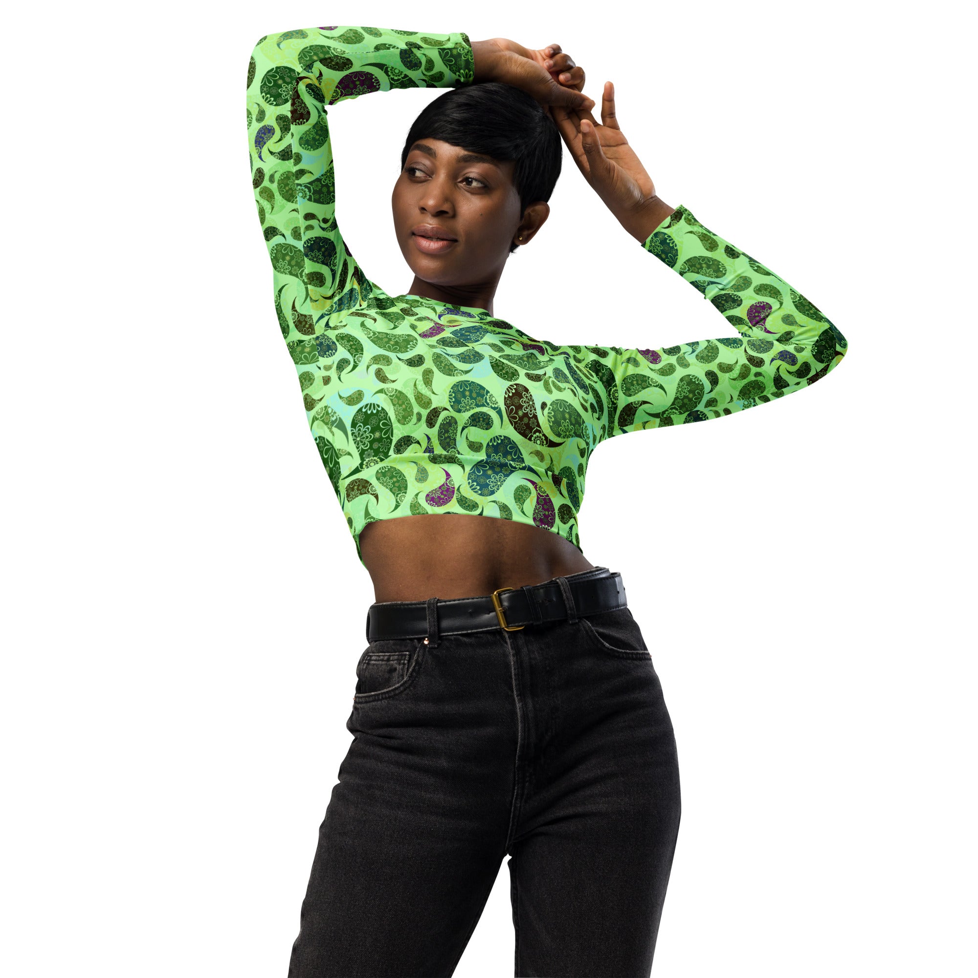 long-sleeve crop top- Paisley green