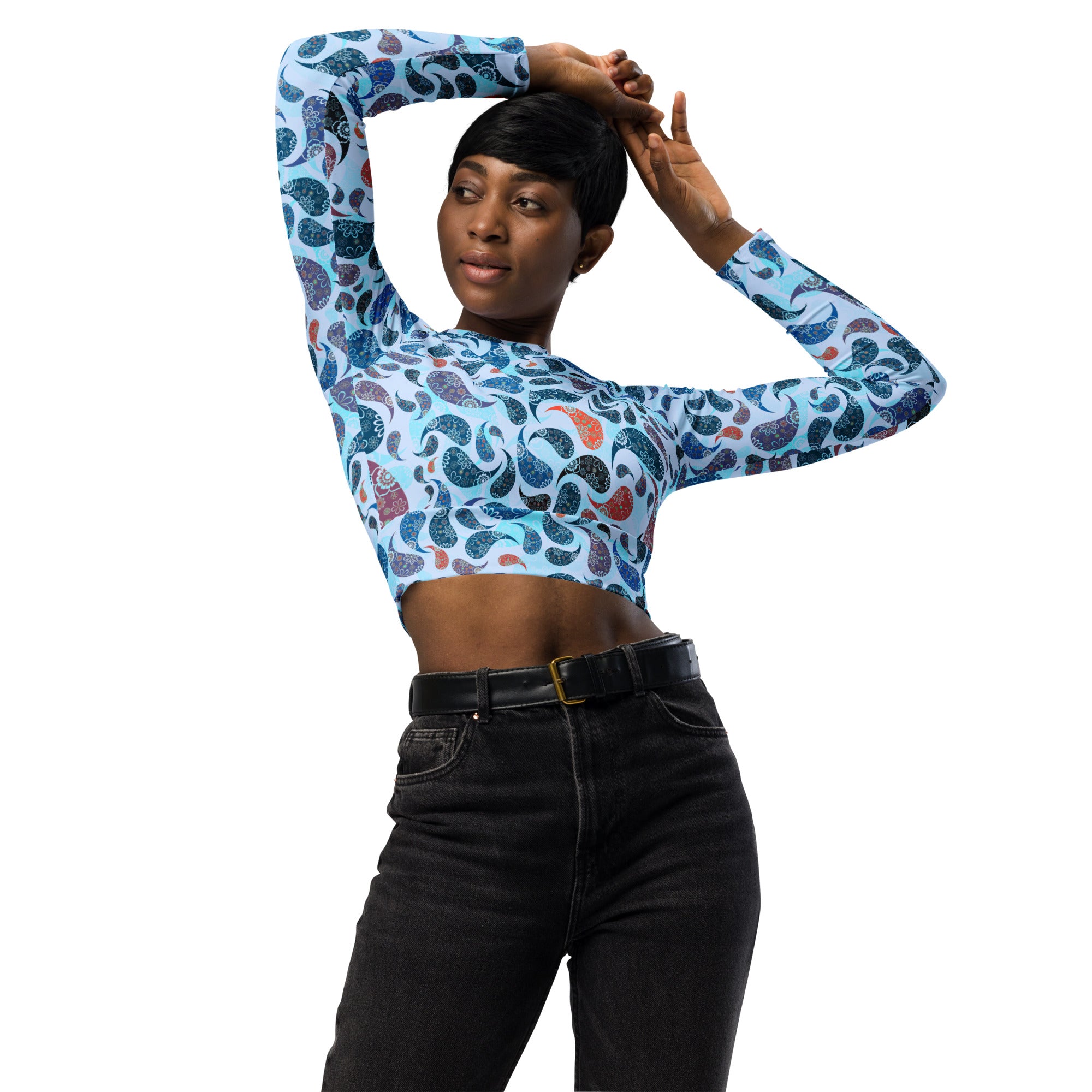 long-sleeve crop top- Paisley blue