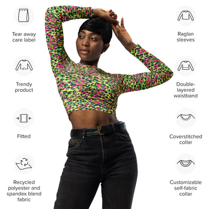 long-sleeve crop top- Zebra and Leopard print Magenta with yellow
