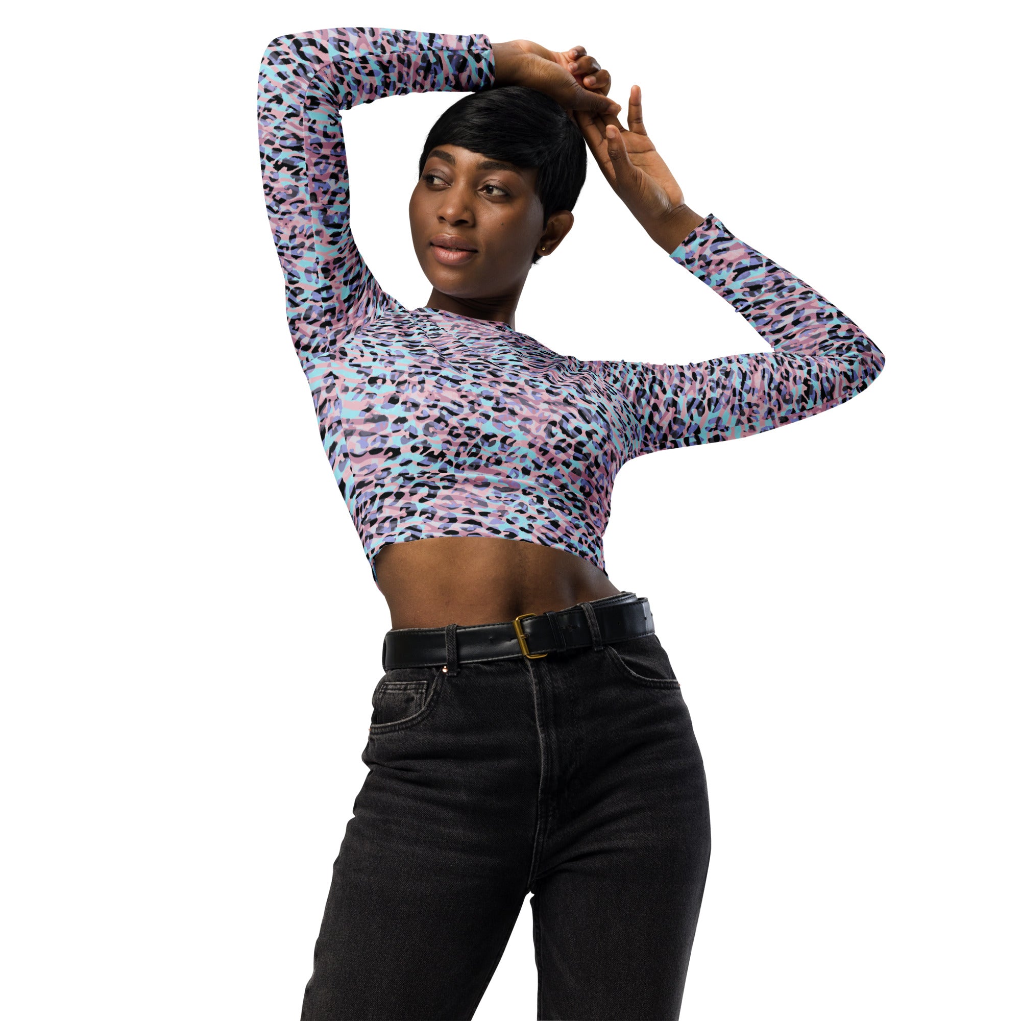 long-sleeve crop top- Zebra and Leopard print Pink with cyan