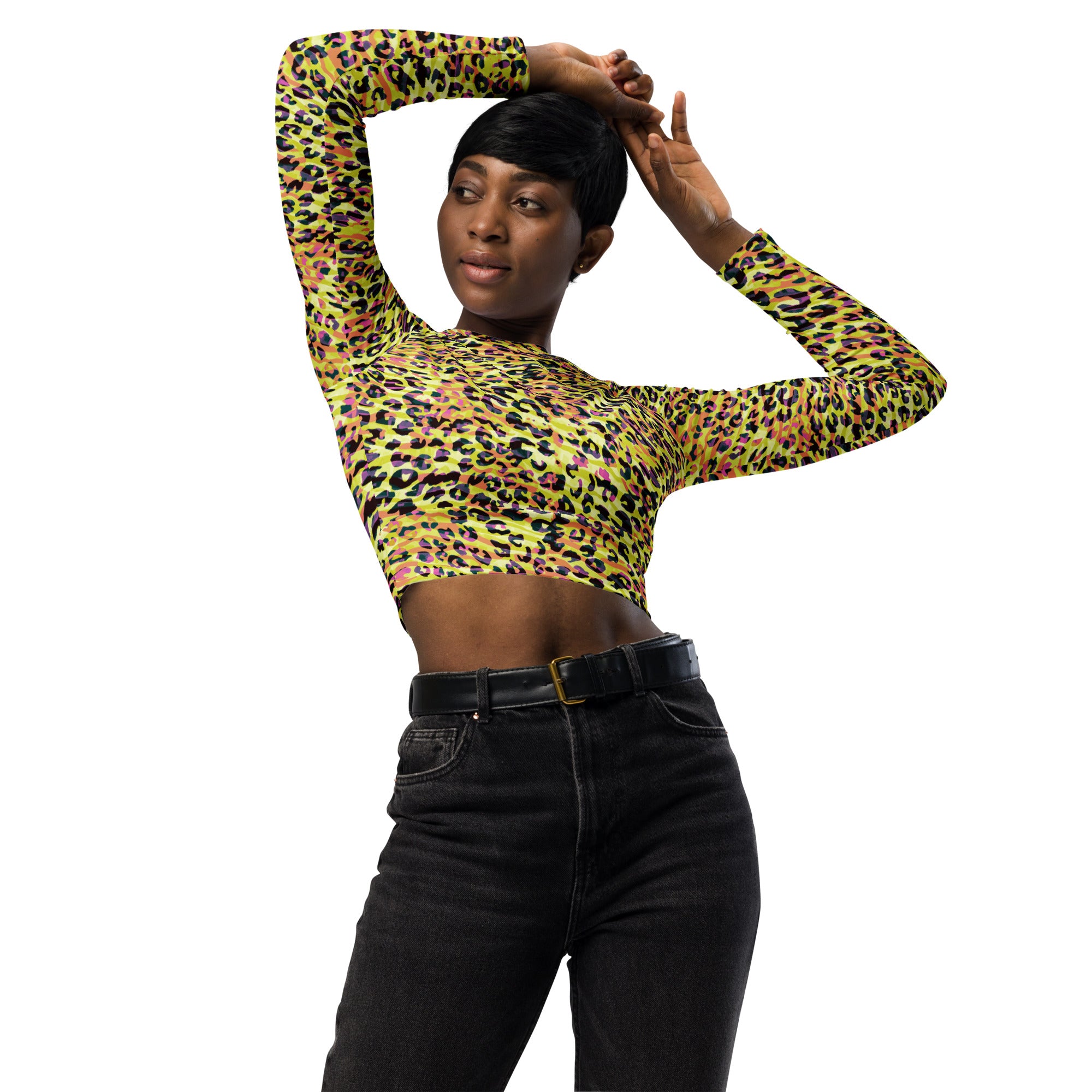 long-sleeve crop top- Zebra and Leopard print Yellow with orange