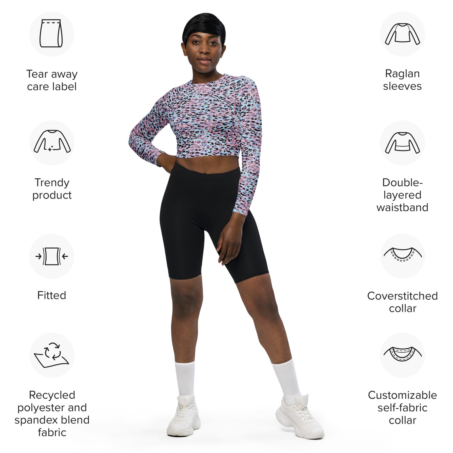 long-sleeve crop top- Zebra and Leopard print Pink with cyan