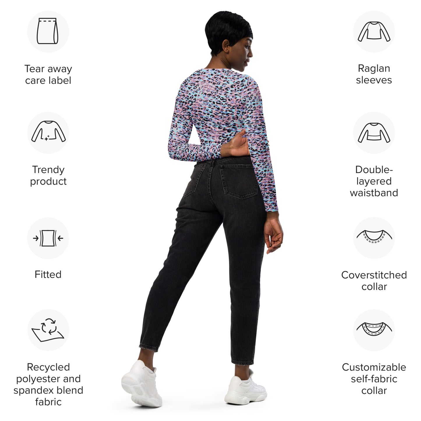 long-sleeve crop top- Zebra and Leopard print Pink with cyan