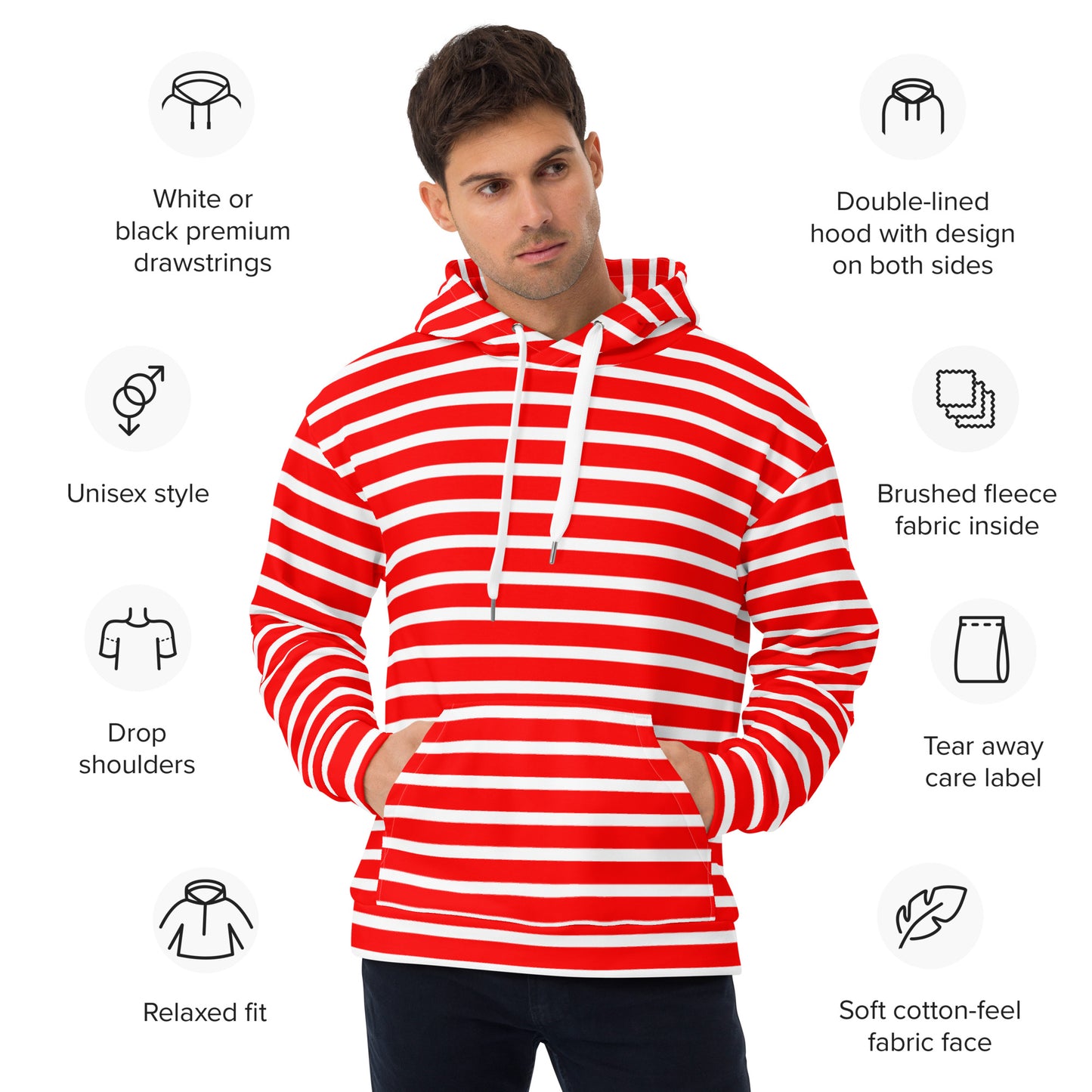 Unisex Hoodie- White and Red Striped
