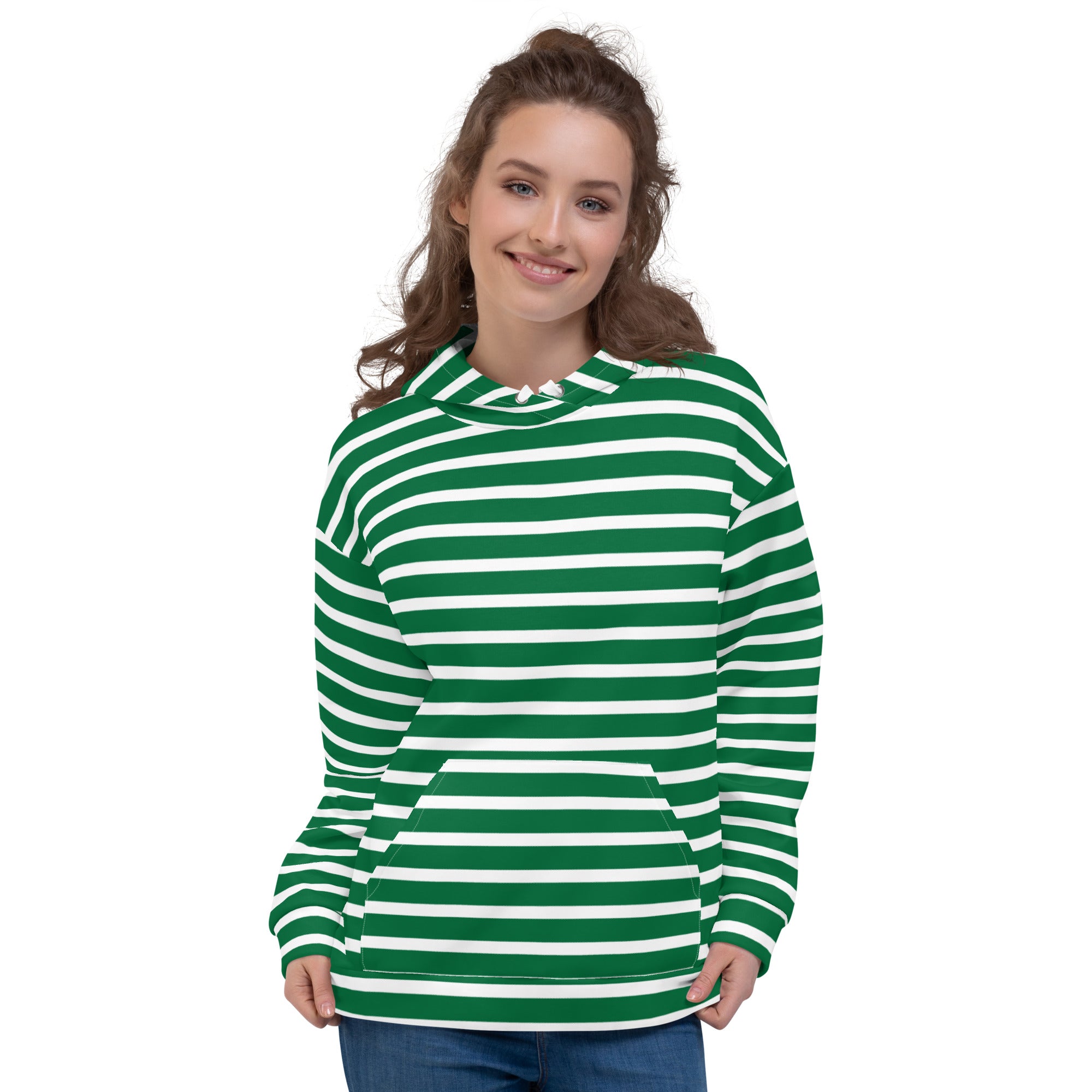 Unisex Hoodie- White and Green Striped