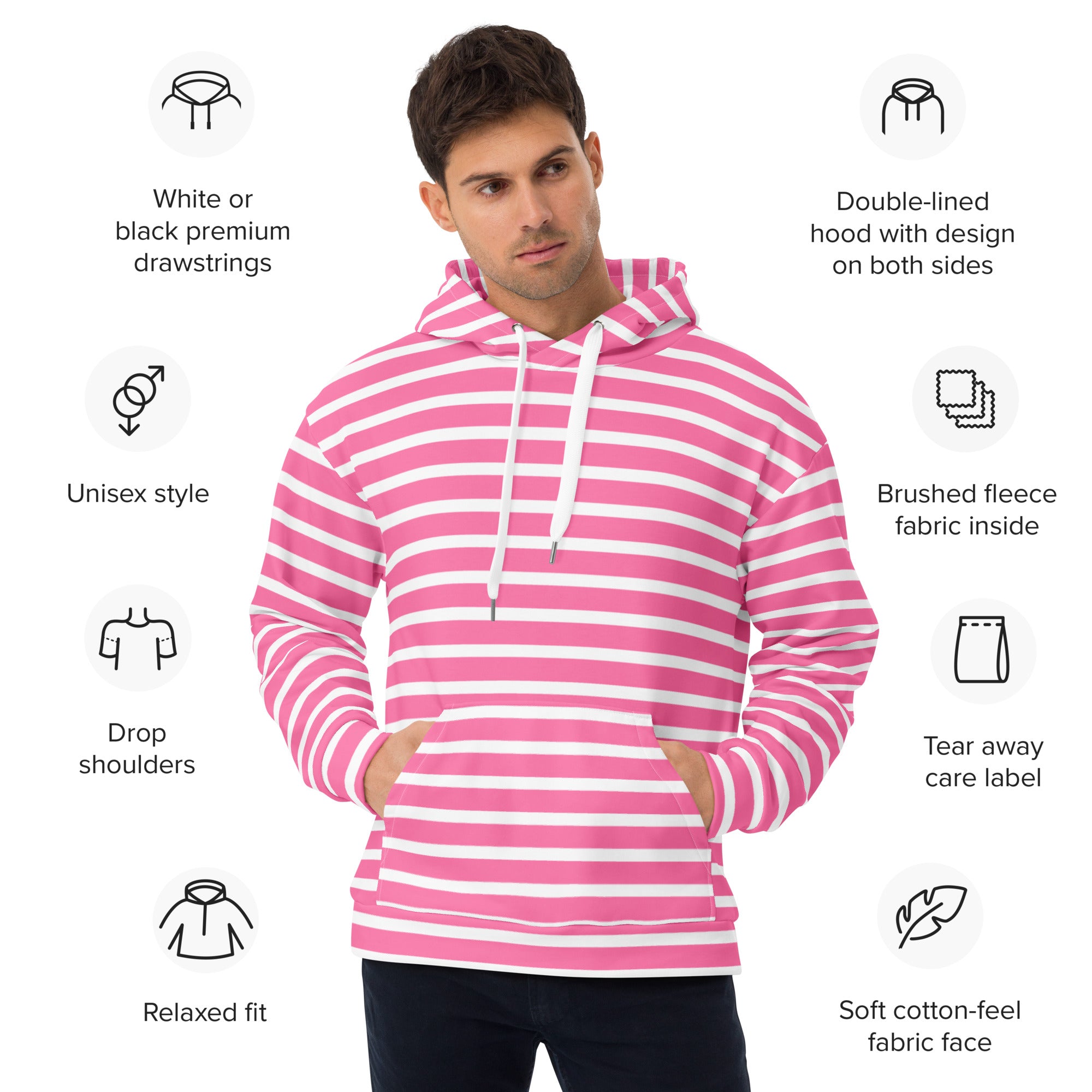 Unisex Hoodie- White and Pink Striped