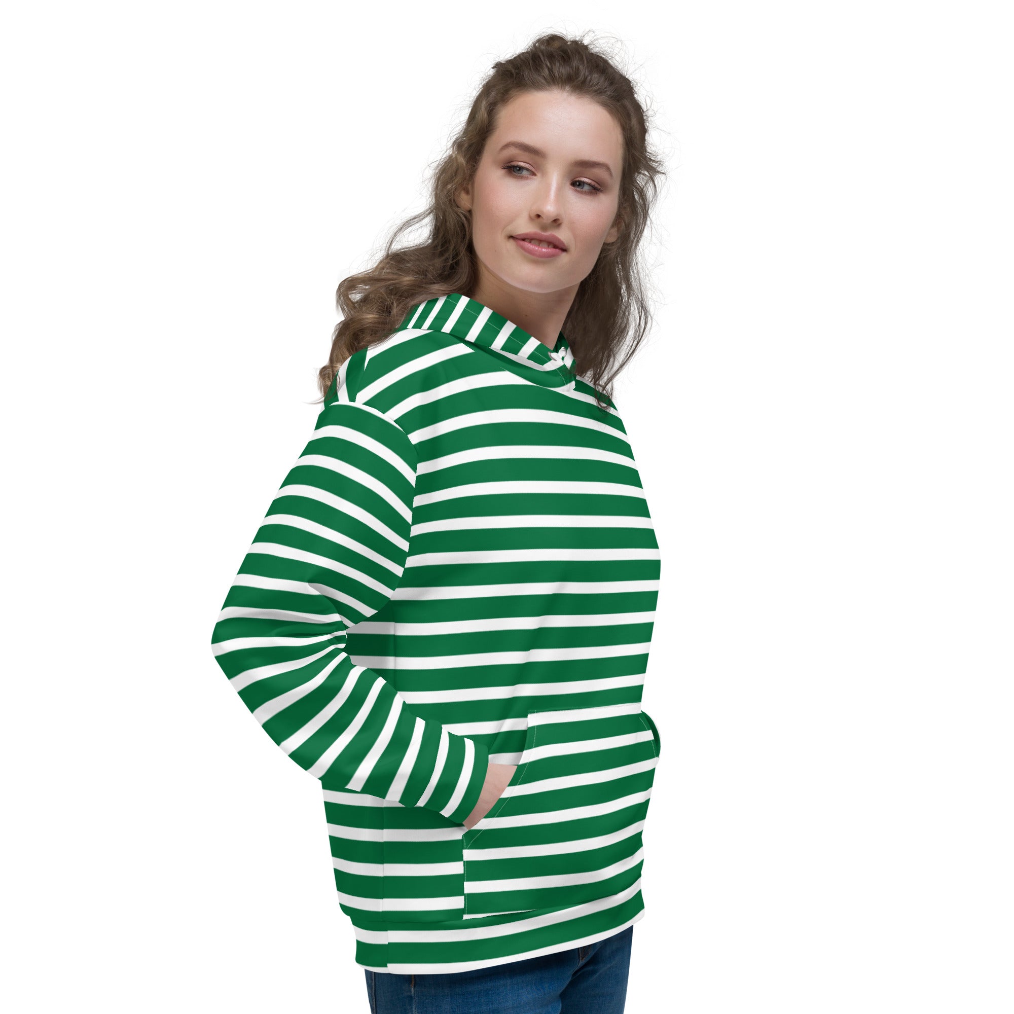 Unisex Hoodie- White and Green Striped