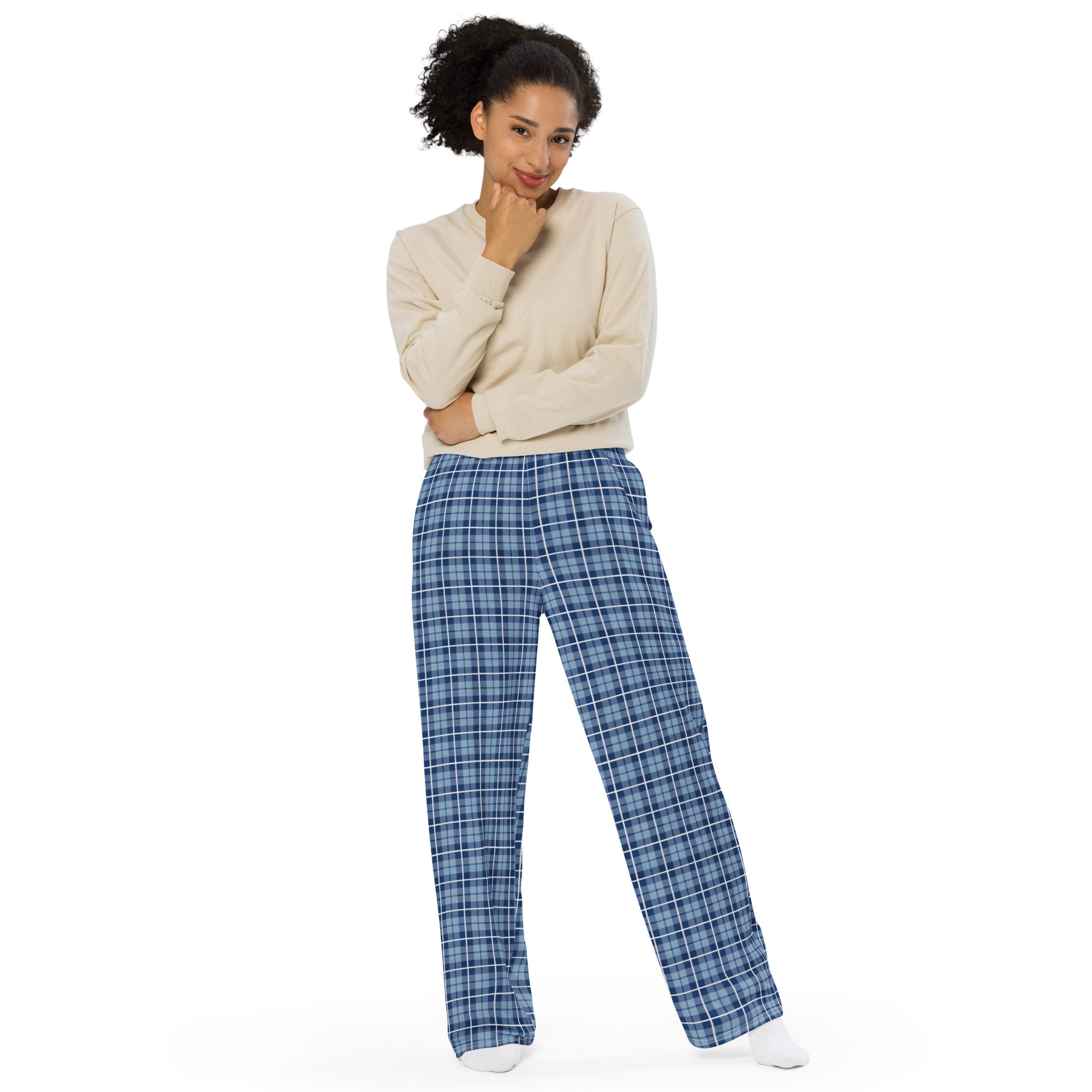 unisex wide-leg pants- Tartan Light Blue