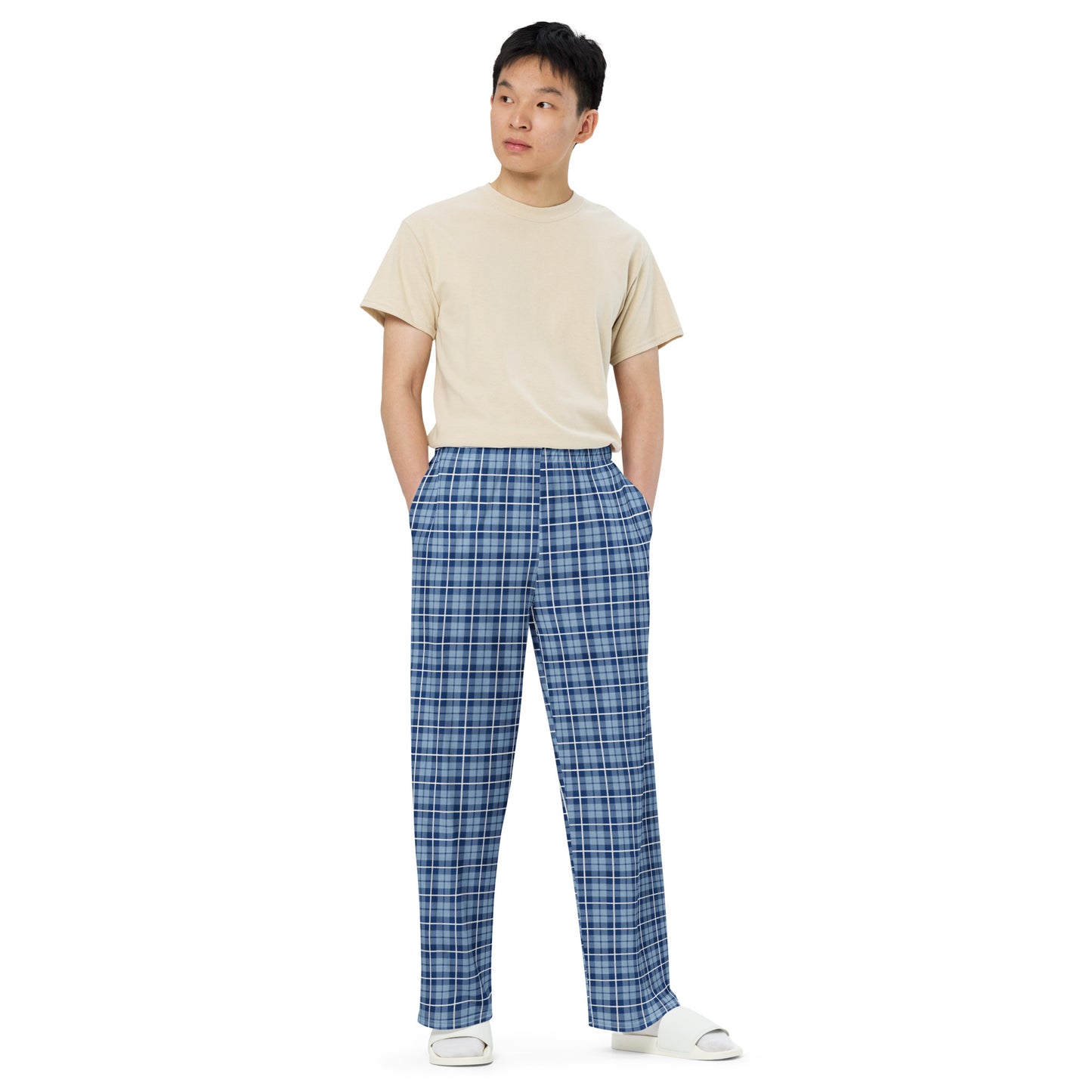 unisex wide-leg pants- Tartan Light Blue