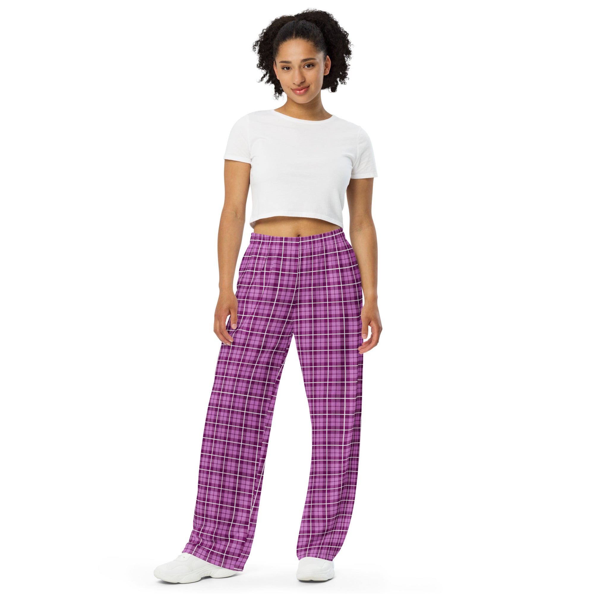 unisex wide-leg pants- Tartan Dark Pink