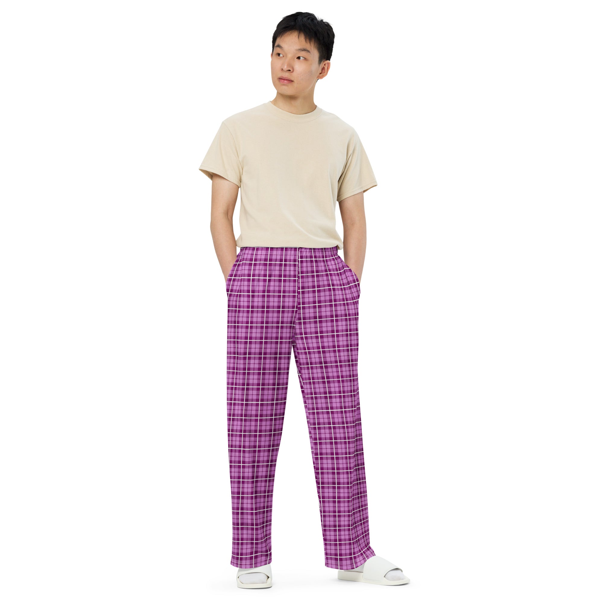 unisex wide-leg pants- Tartan Dark Pink