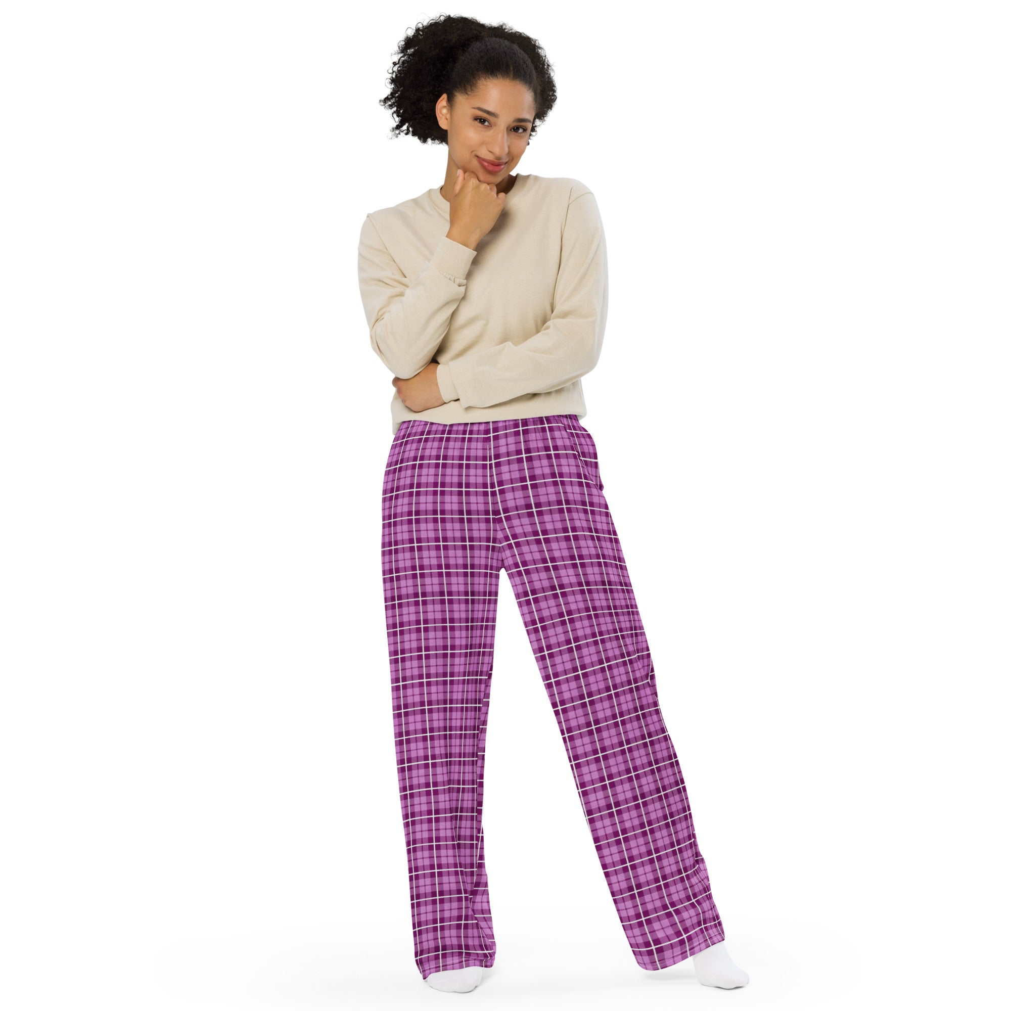 unisex wide-leg pants- Tartan Dark Pink