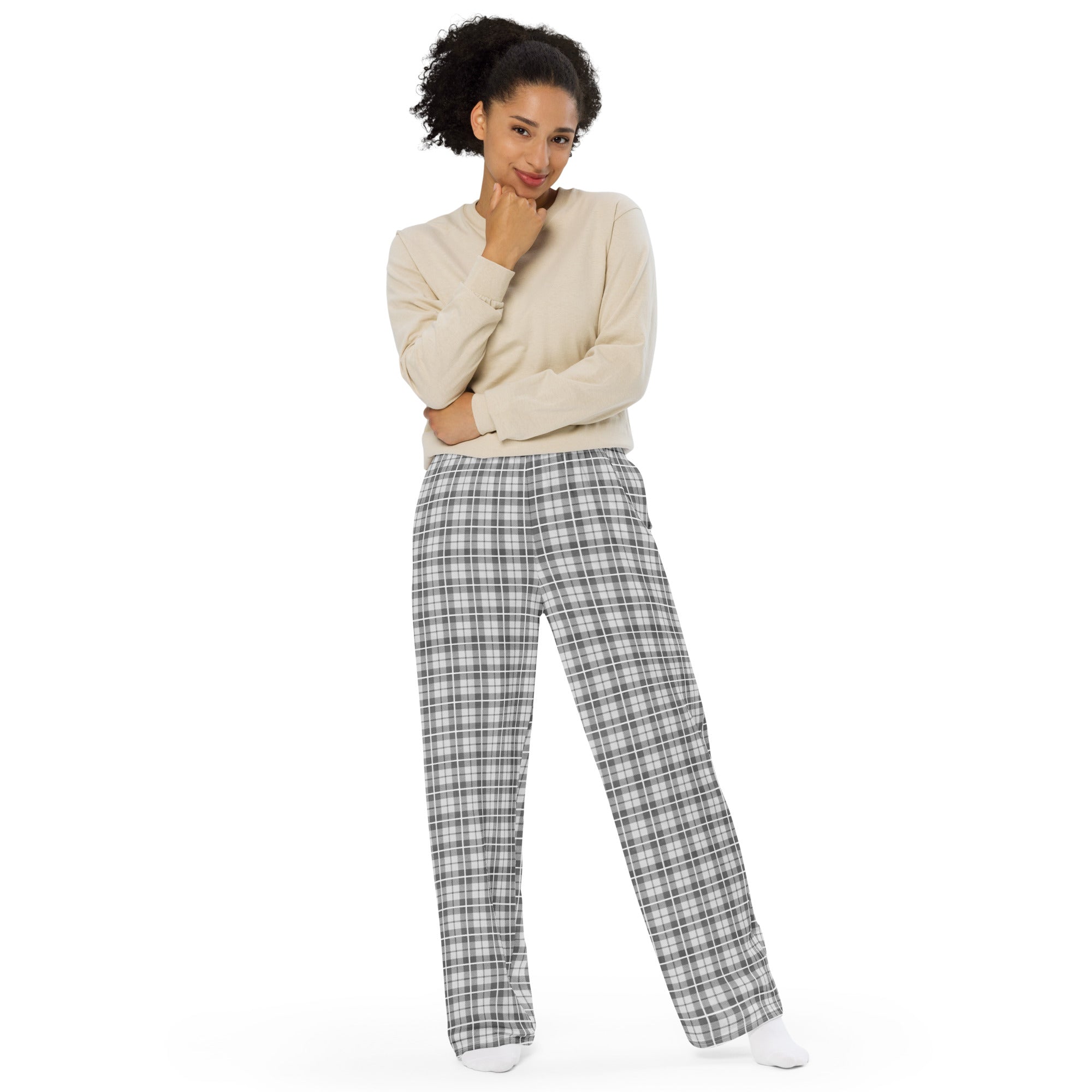 unisex wide-leg pants- Tartan Light grey