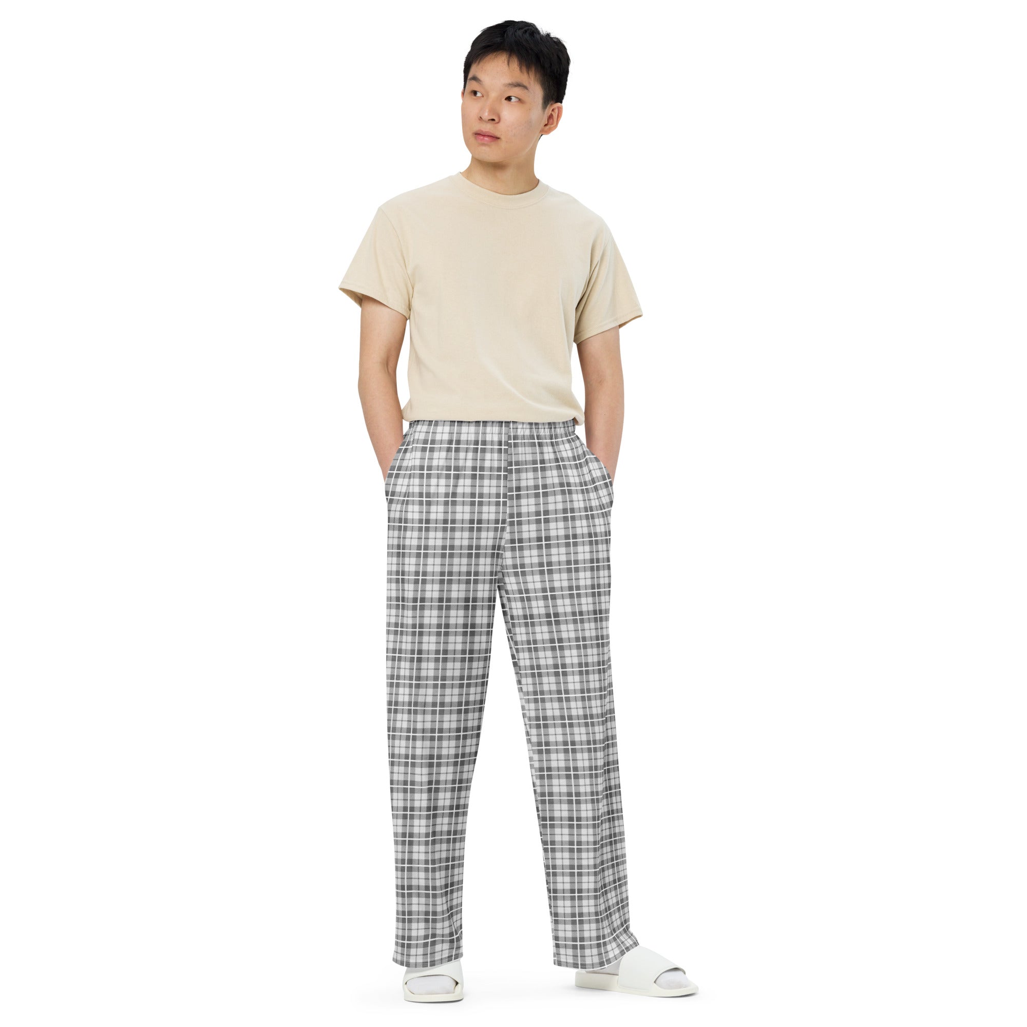 unisex wide-leg pants- Tartan Light grey