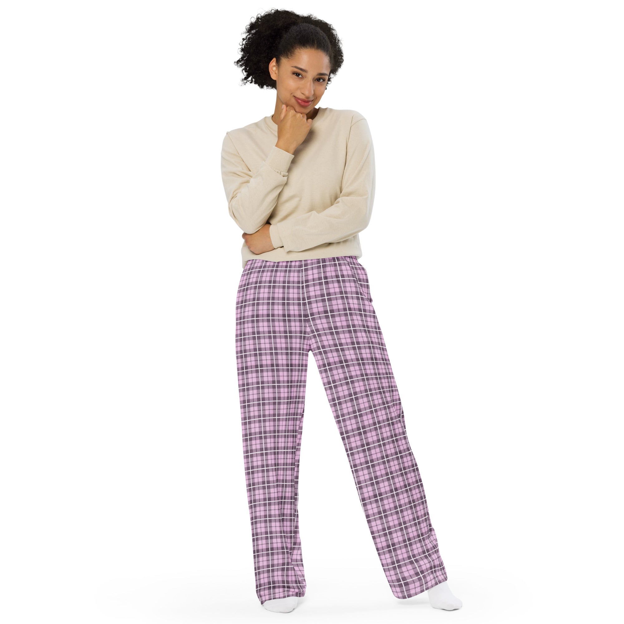 unisex wide-leg pants- Tartan Pink