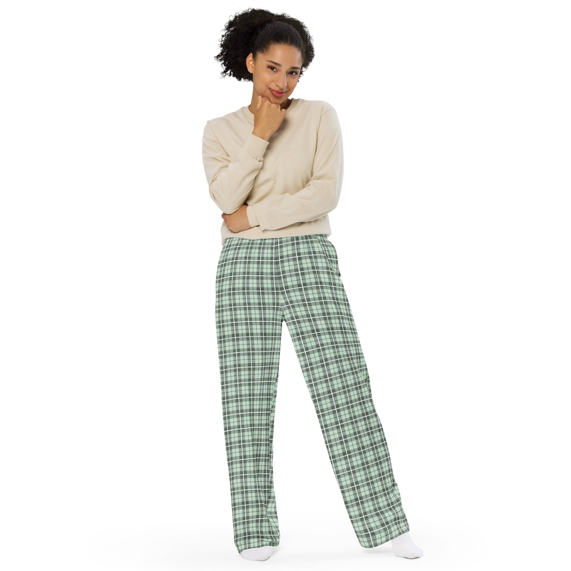 unisex wide-leg pants- Tartan Light green