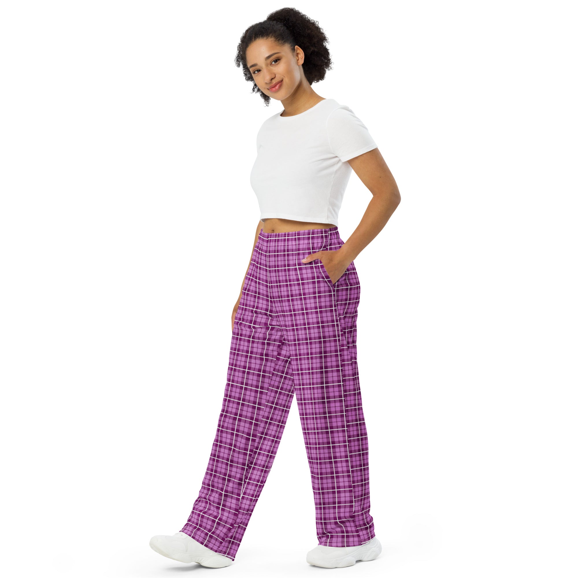 unisex wide-leg pants- Tartan Dark Pink