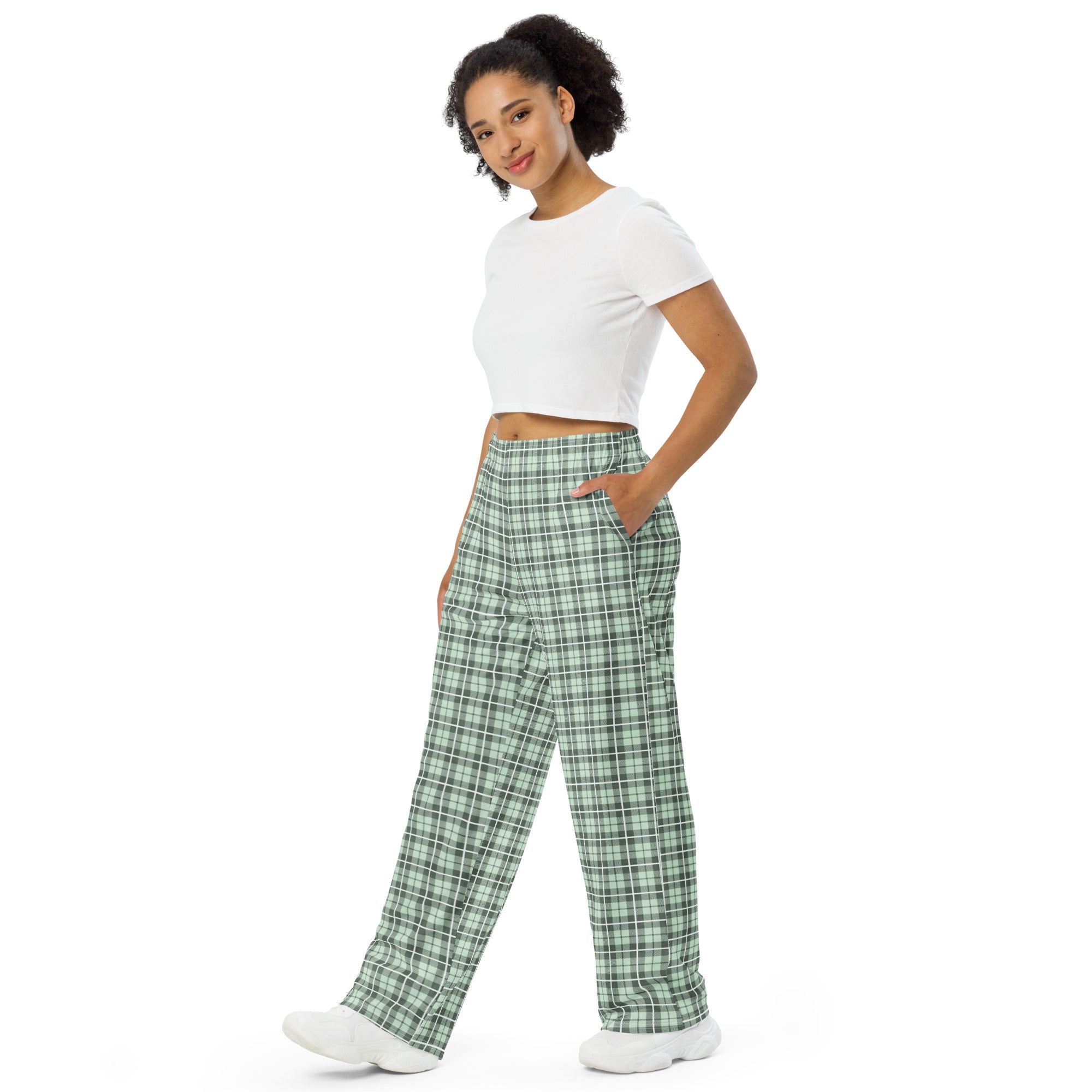 unisex wide-leg pants- Tartan Light green