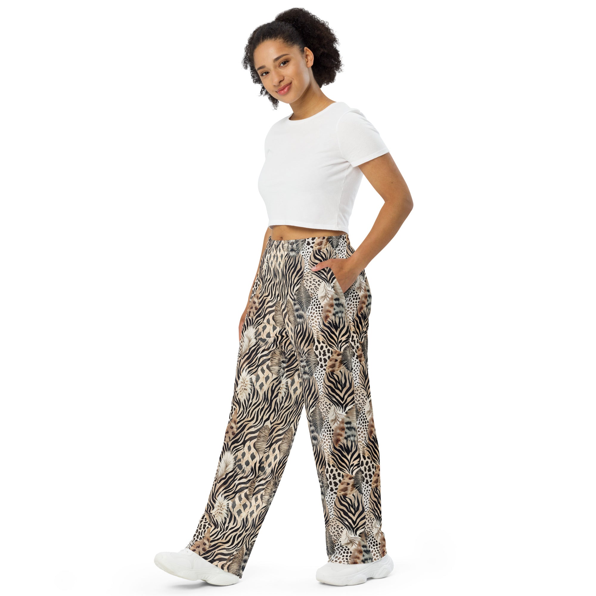 unisex wide-leg pants- Artsy Animal Print Design V