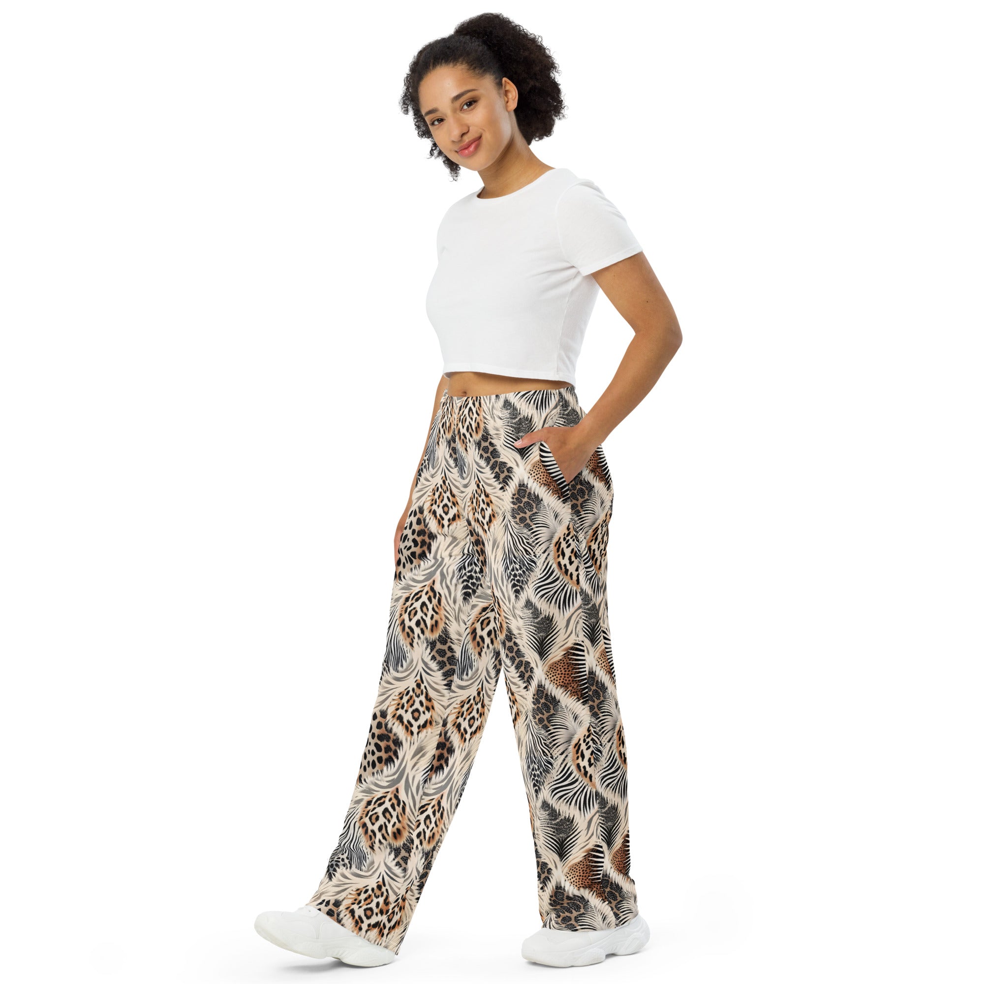 unisex wide-leg pants- Artsy Animal Print Design 01