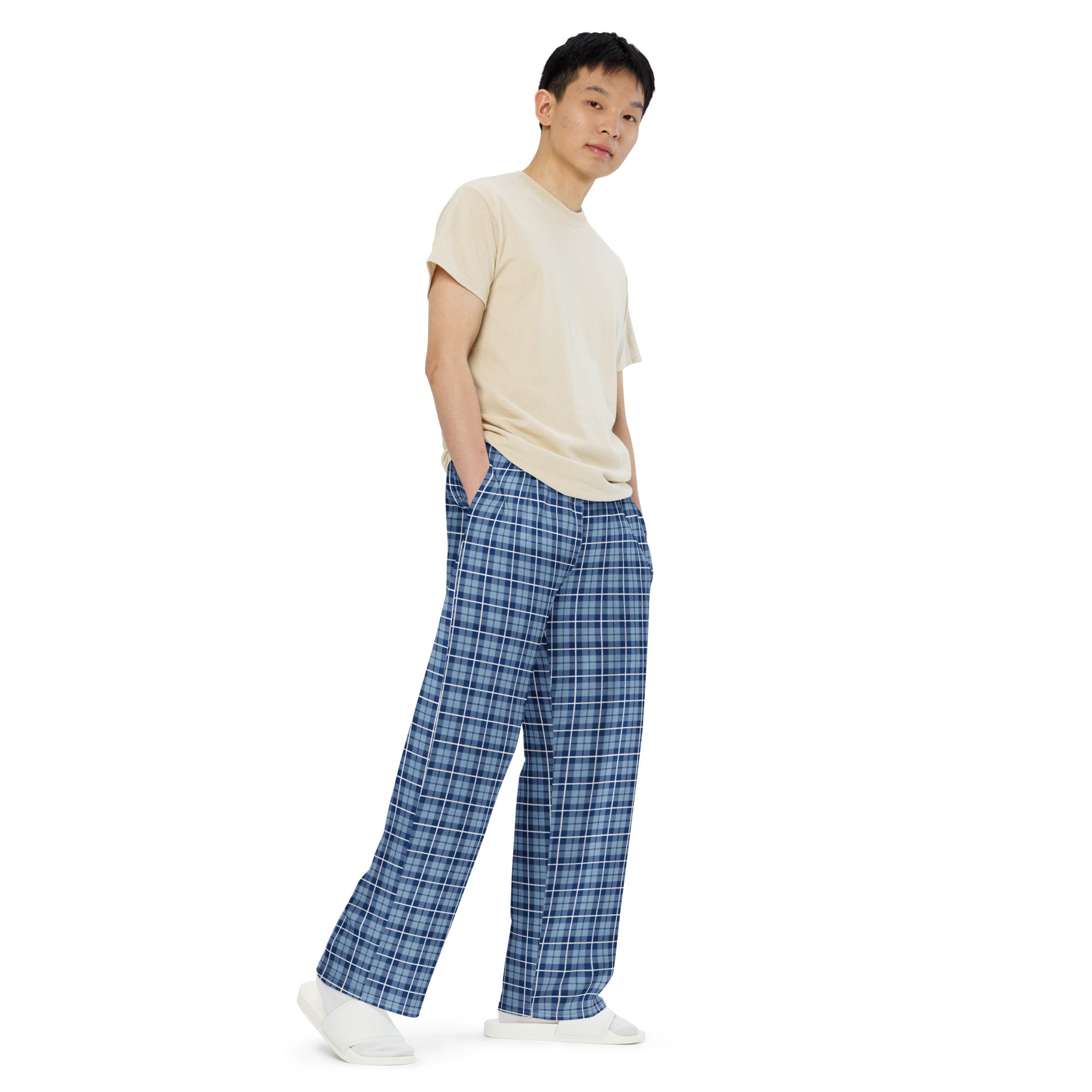 unisex wide-leg pants- Tartan Light Blue